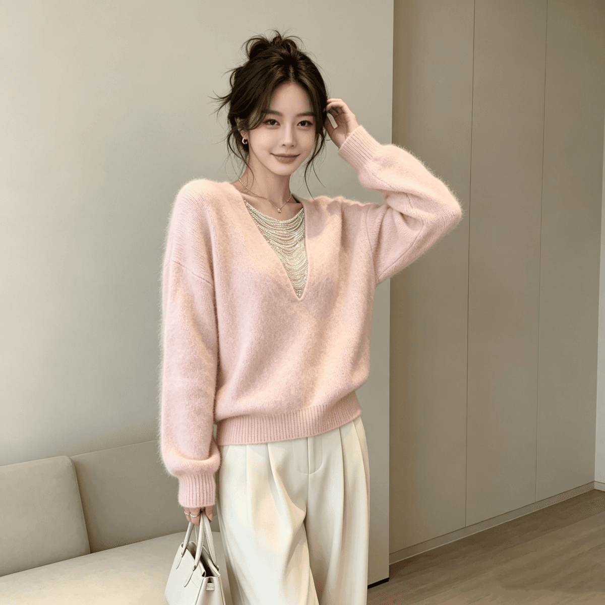 2026 년 봄 작은 키 긴팔 프랑스식 V넥 풀오버 느긋한 바람 니트 스웨터 여성 가을 어깨 소매 품격 맨위 상세 이미지 5