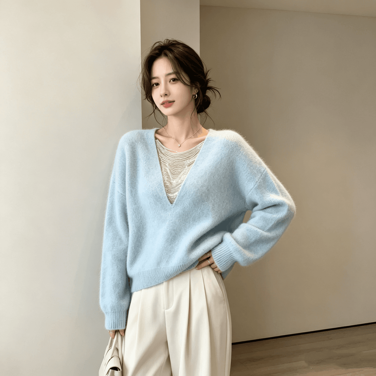2026 년 봄 작은 키 긴팔 프랑스식 V넥 풀오버 느긋한 바람 니트 스웨터 여성 가을 어깨 소매 품격 맨위 상세 이미지 7