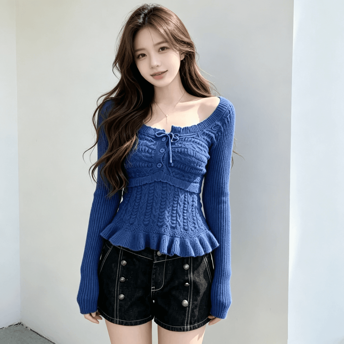 suuuicee 니켈 예 손 편지 이중층 니트 질감 패치워크 순수한 욕망 부서 벨트 측면 칼라 트위스트 꽃 풀오버 이미지 4