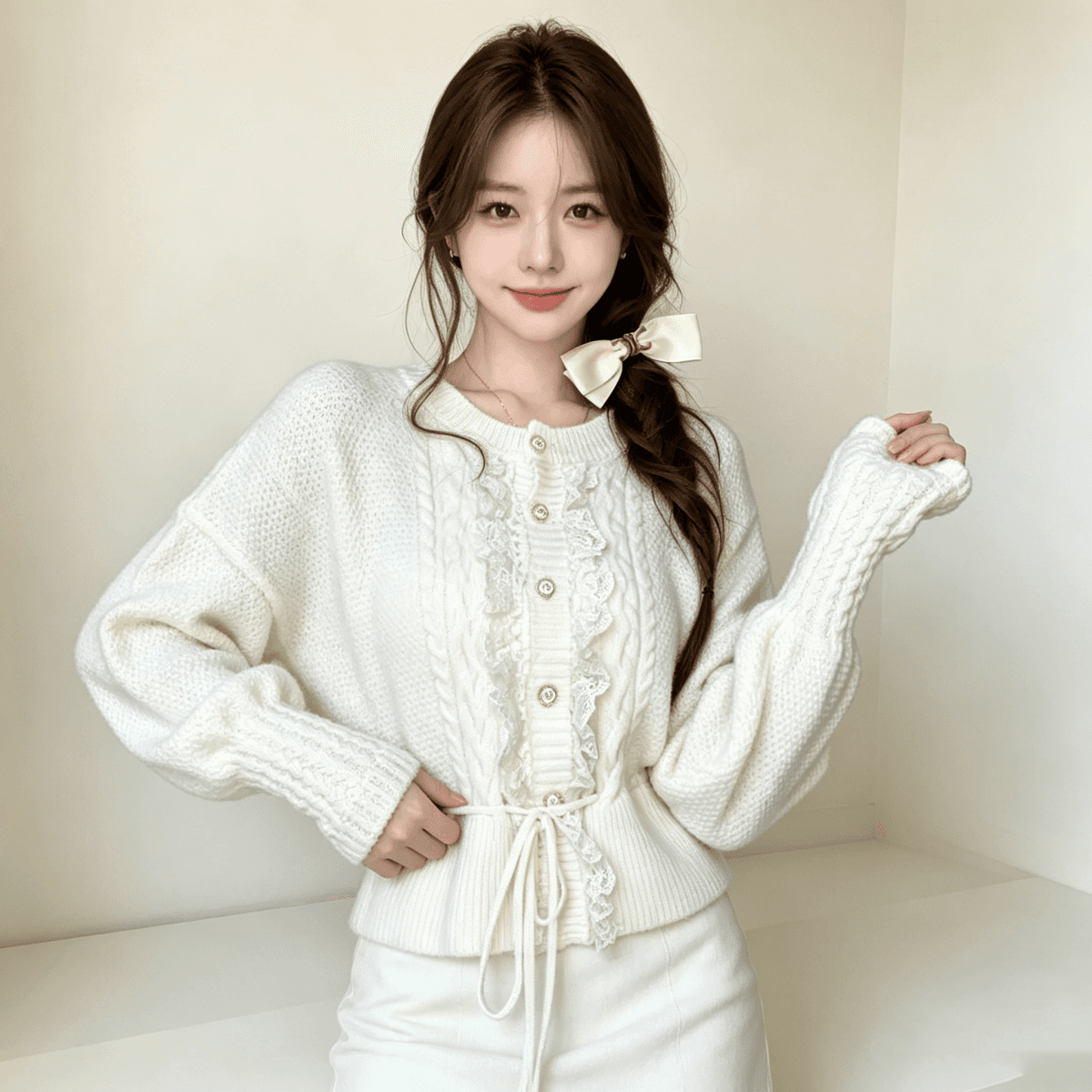 프랑스식 가을 겨울 새로운 중년 자수 궁정 천 골드 센스 레이스 레이스업 스웨터 코트 상세 이미지 1