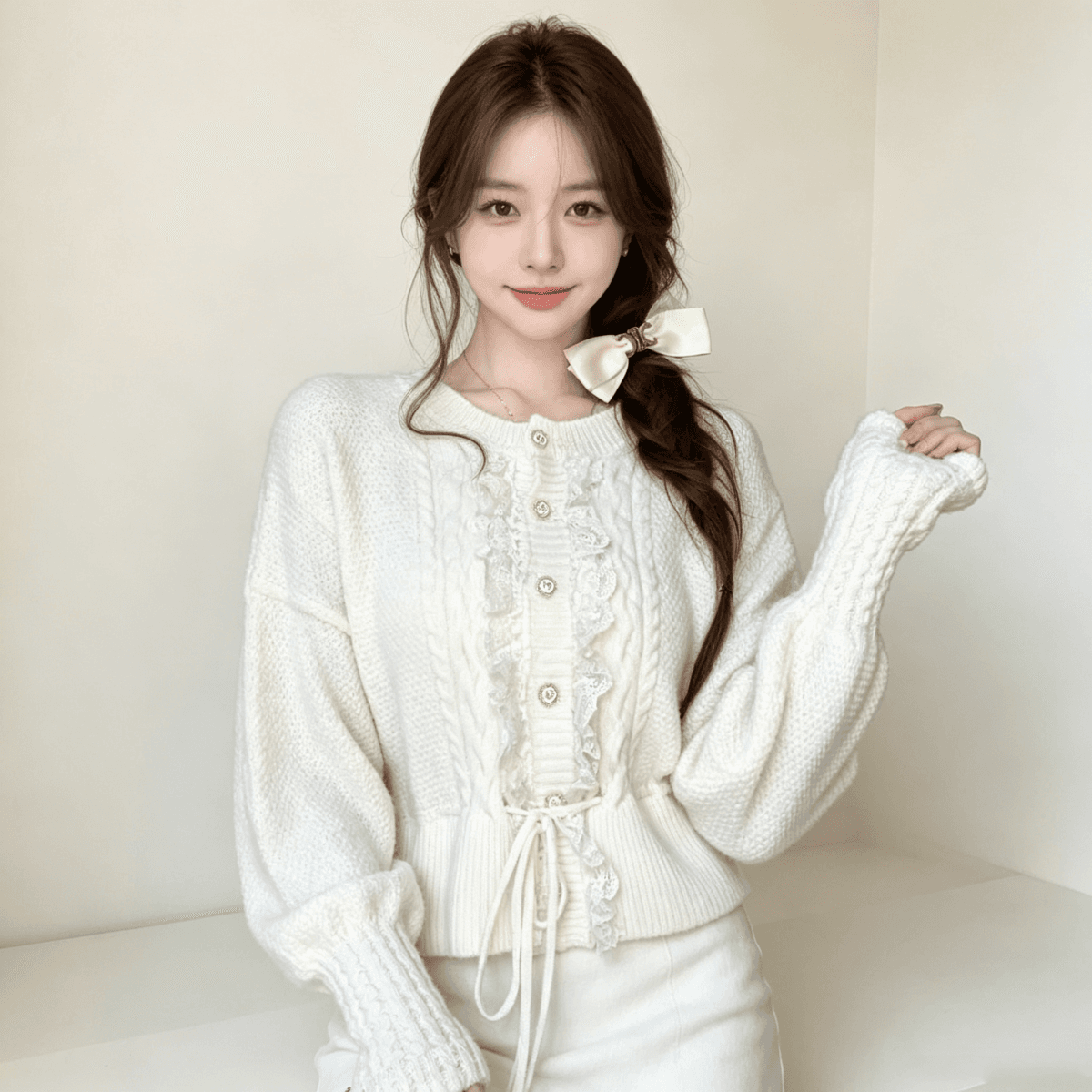 프랑스식 가을 겨울 새로운 중년 자수 궁정 천 골드 센스 레이스 레이스업 스웨터 코트 상세 이미지 4