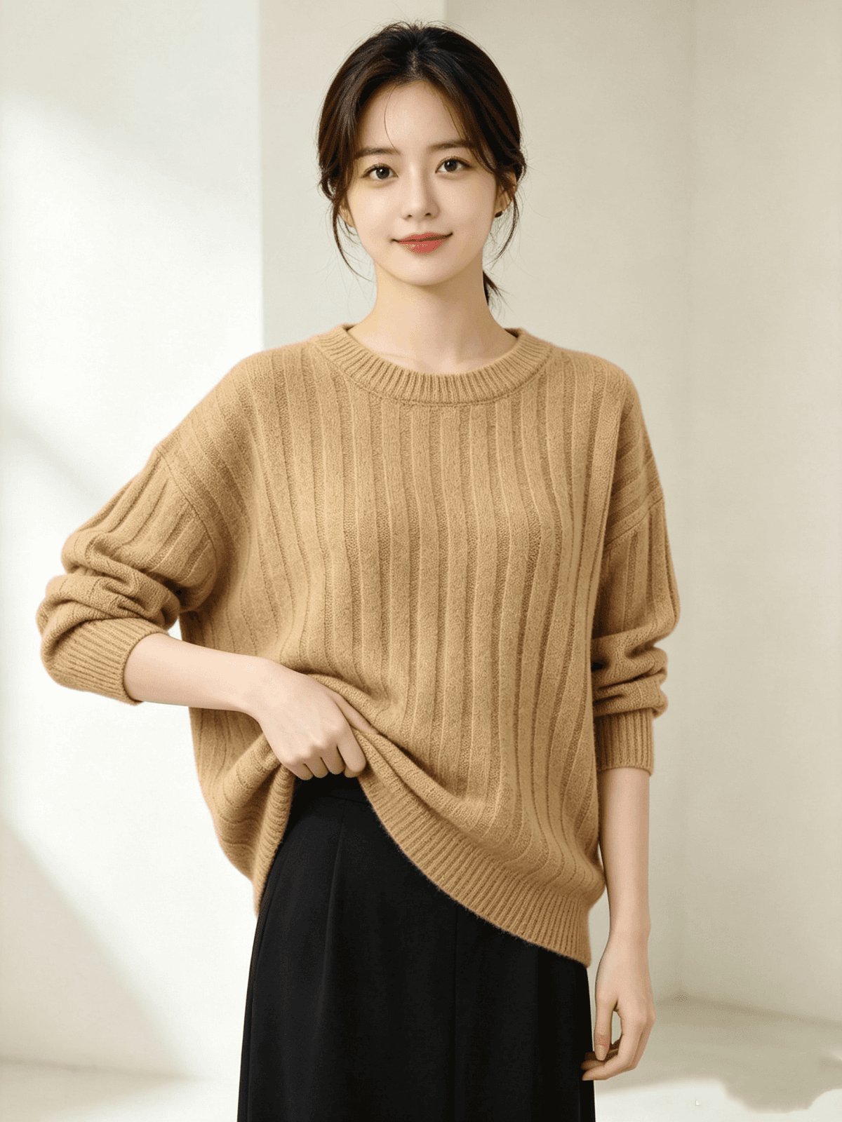 가을 겨울 새로운 단색 단순한 관대 한 풀오버 니트 스웨터 다용도 맨위 이미지 4