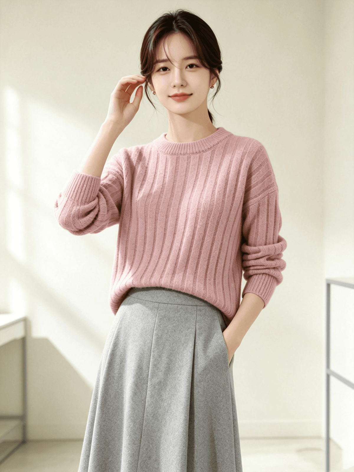 가을 겨울 새로운 단색 단순한 관대 한 풀오버 니트 스웨터 다용도 맨위 상세 이미지 5