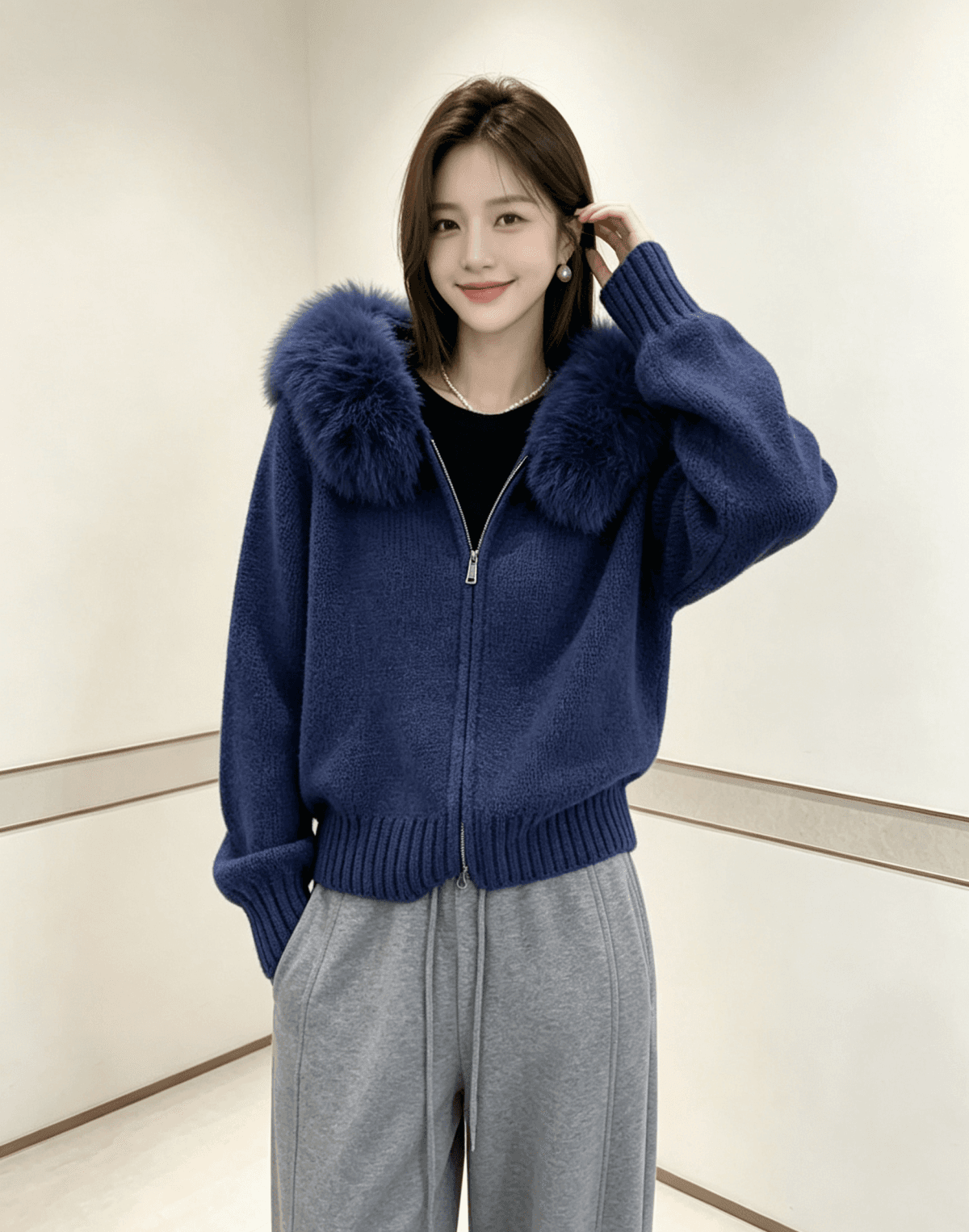 분위기 센스 느긋한 윈디 모피 칼라 후드 스웨터 여성 코트 가을 겨울 새로운 니트 오픈 가디건 맨위 상세 이미지 4
