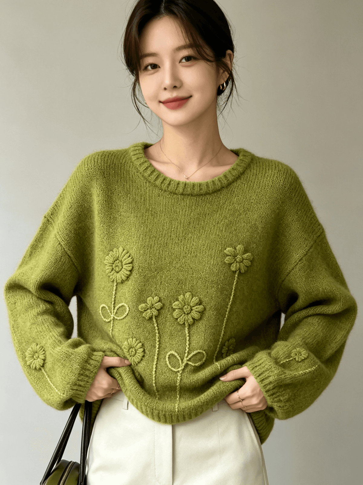가을 겨울 새로운 한 부서 부드러운 찹쌀 무거운 작업 자카드 녹색 스웨터 여자 가을 겨울 루즈핏 느긋한 고급 센스 니트 맨위 이미지 2