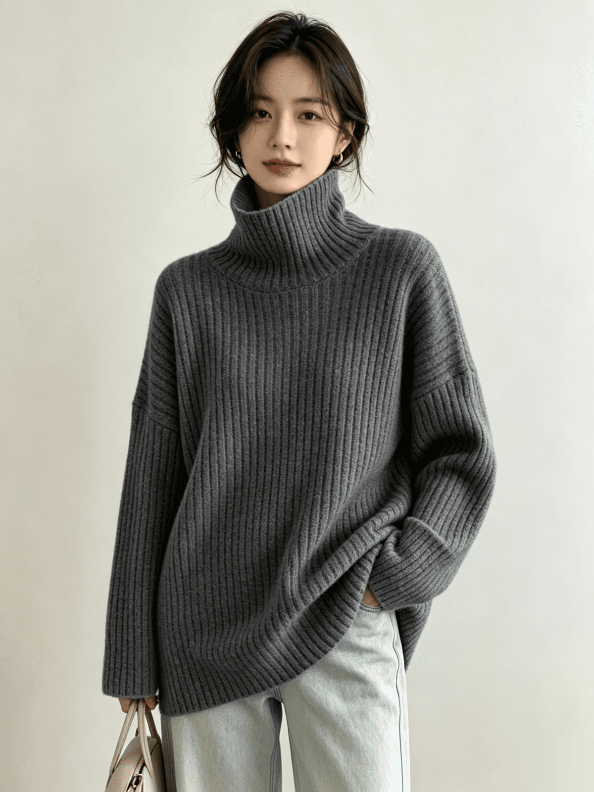 레트로 터틀넥 풀오버 스웨터 여자 가을 겨울 외출용 2024 새로운 루즈핏 느긋한 중간 길이 인사이드 가져 가라. 니트 맨위