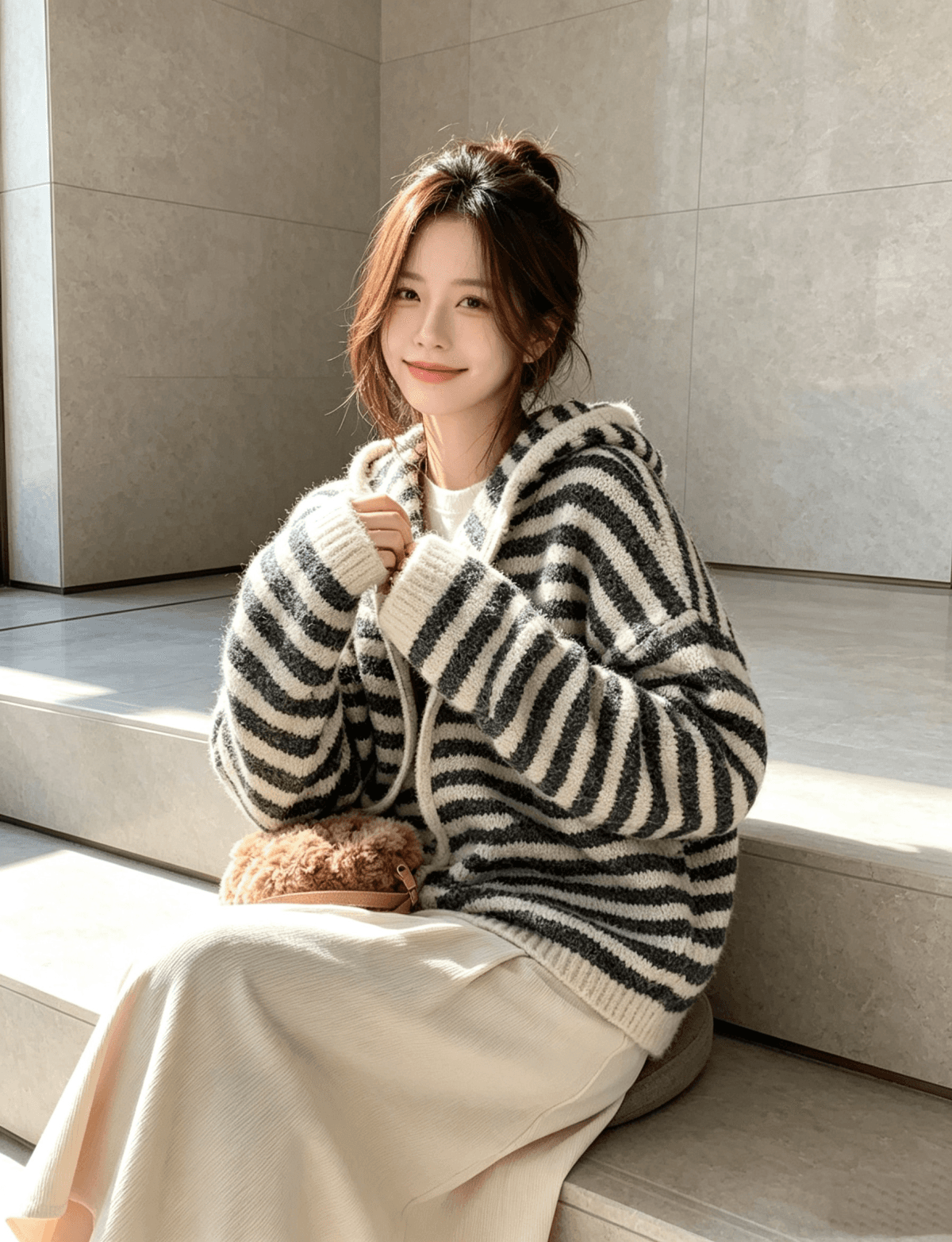 배색 스트라이프 후드 니트 오픈 가디건 여성 2026 가을 겨울 새로운 패션 루즈핏 느긋한 바람 스웨터 코트 맨위 상세 이미지 3