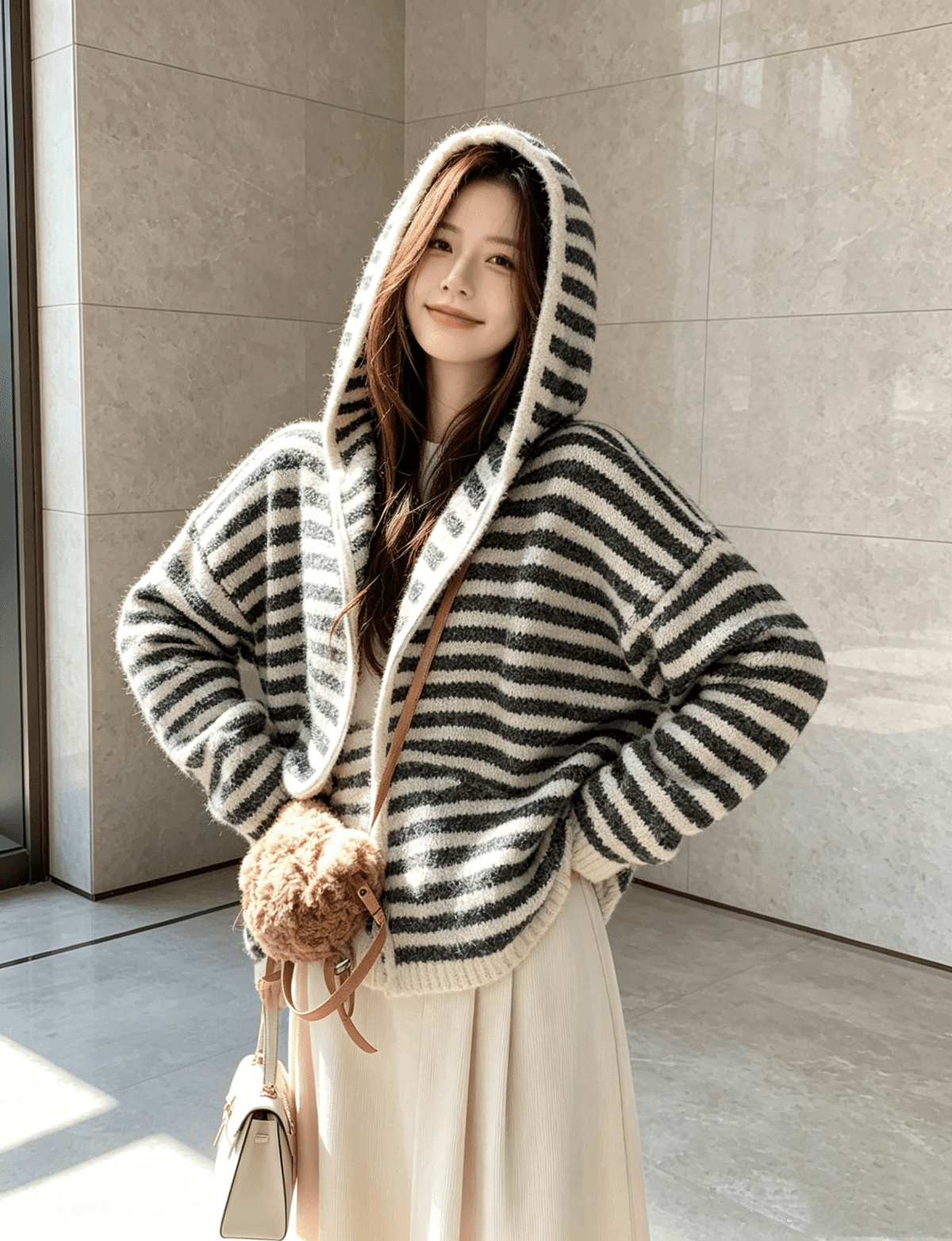 배색 스트라이프 후드 니트 오픈 가디건 여성 2026 가을 겨울 새로운 패션 루즈핏 느긋한 바람 스웨터 코트 맨위 상세 이미지 5