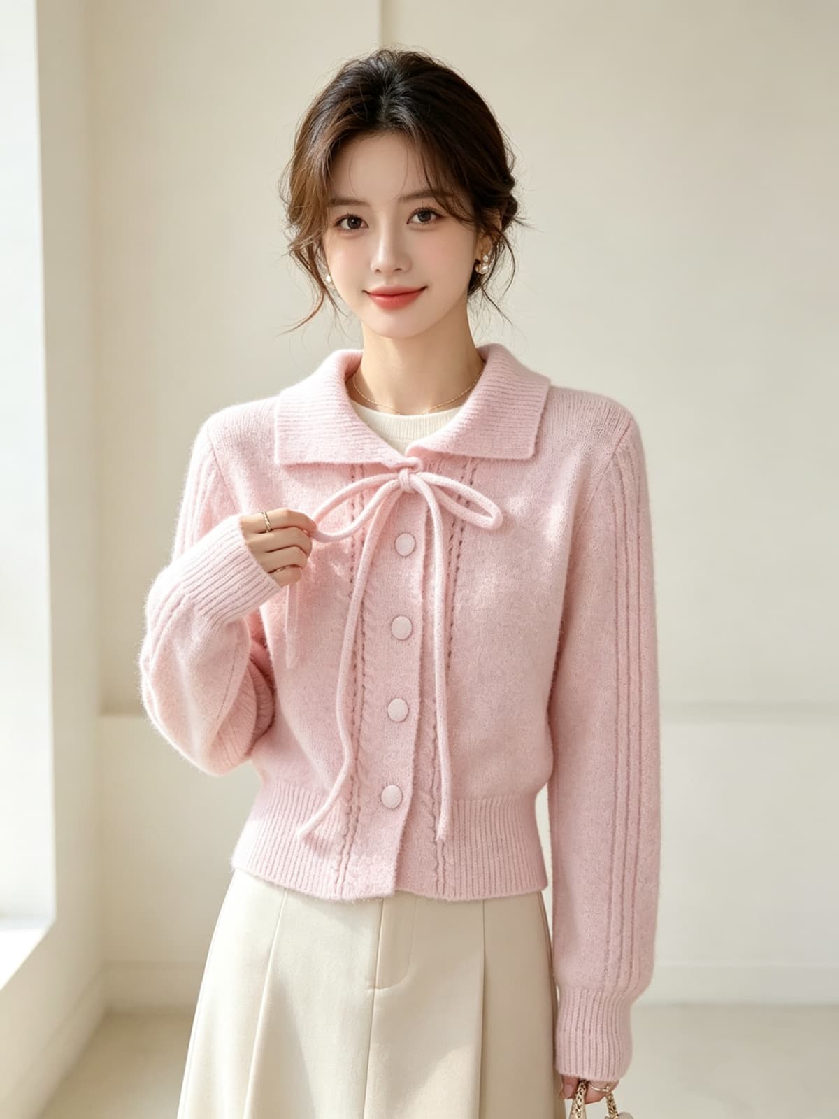 부드러운 핑크색 레이스업 나비 매듭 홀로우 아웃 니트 오픈 가디건 여성 가을 겨울 루즈핏 느긋한 폴로 칼라 맨위 이미지 3