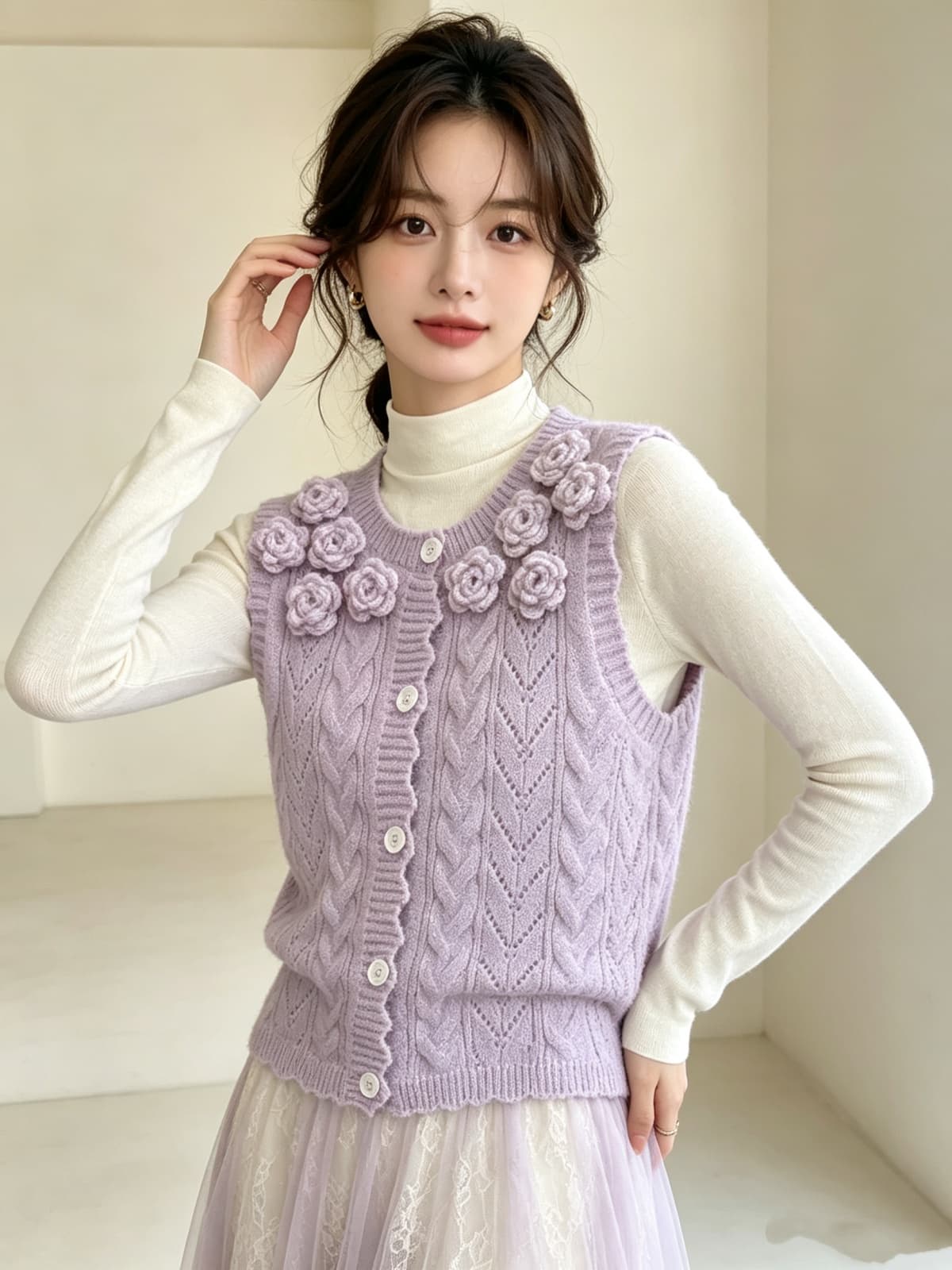 실사 한 부서 달콤함 3 차원 꽃 라운드 넥 니트 오픈 가디건 스택 착용 조끼 조끼 여자 가을 겨울 외부 잡아라. 의류 상세 이미지 3