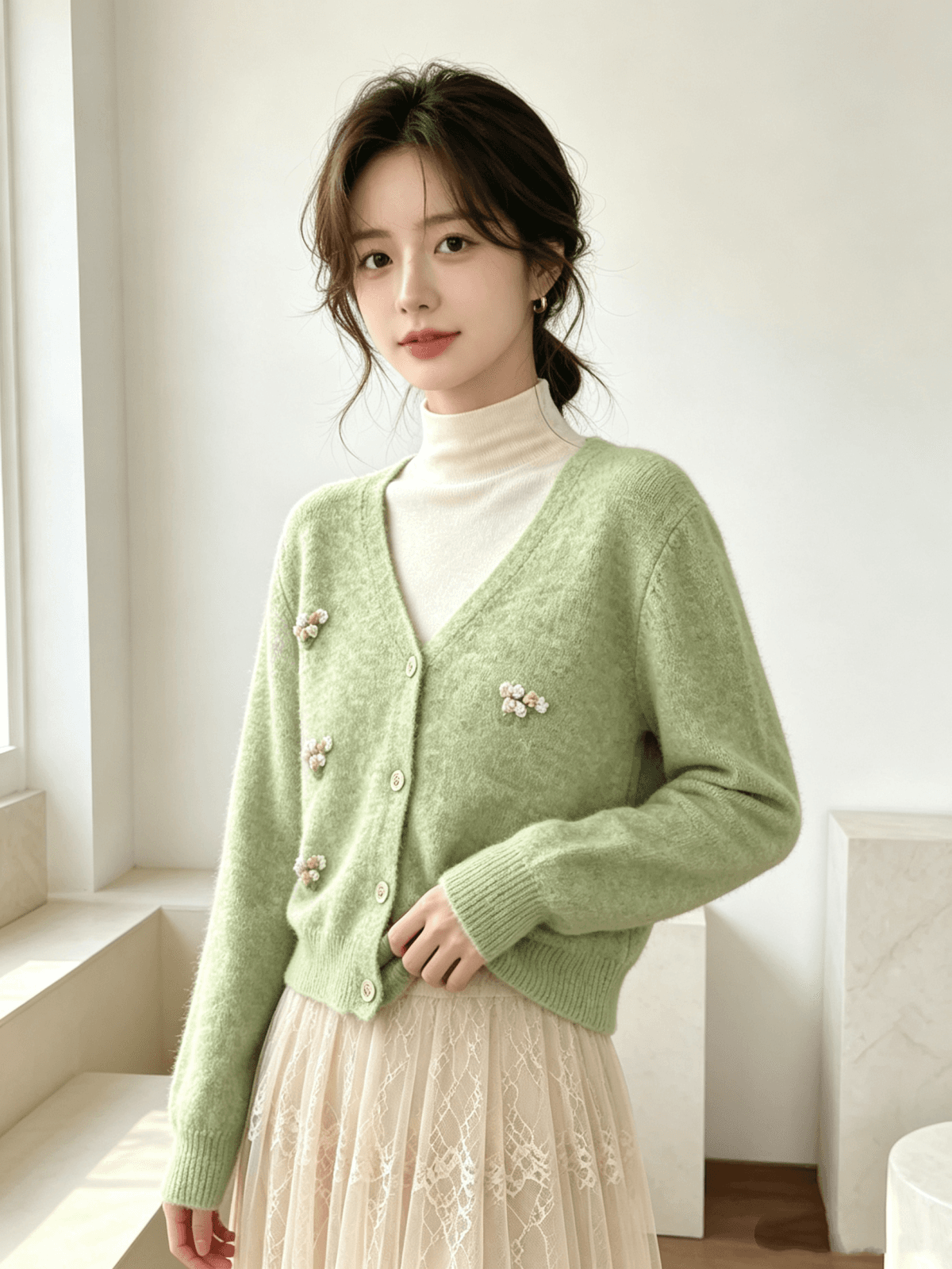 한국 동대문 가을 겨울 새로운 부드러운 바람 달콤함 쇼트 스타일 부드러운 찹쌀 브이넥 다용도 작은 꽃 오픈 가디건 맨위 이미지 4