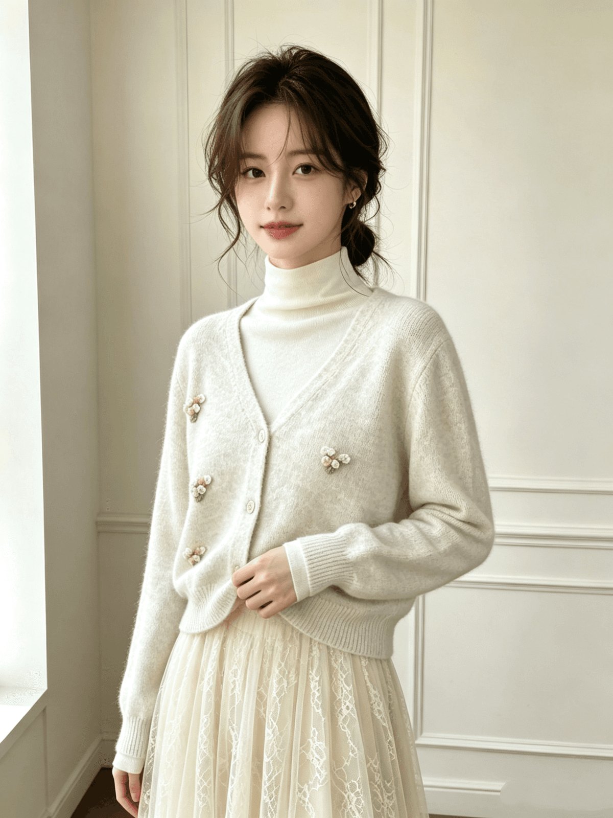 한국 동대문 가을 겨울 새로운 부드러운 바람 달콤함 쇼트 스타일 부드러운 찹쌀 브이넥 다용도 작은 꽃 오픈 가디건 맨위 상세 이미지 8