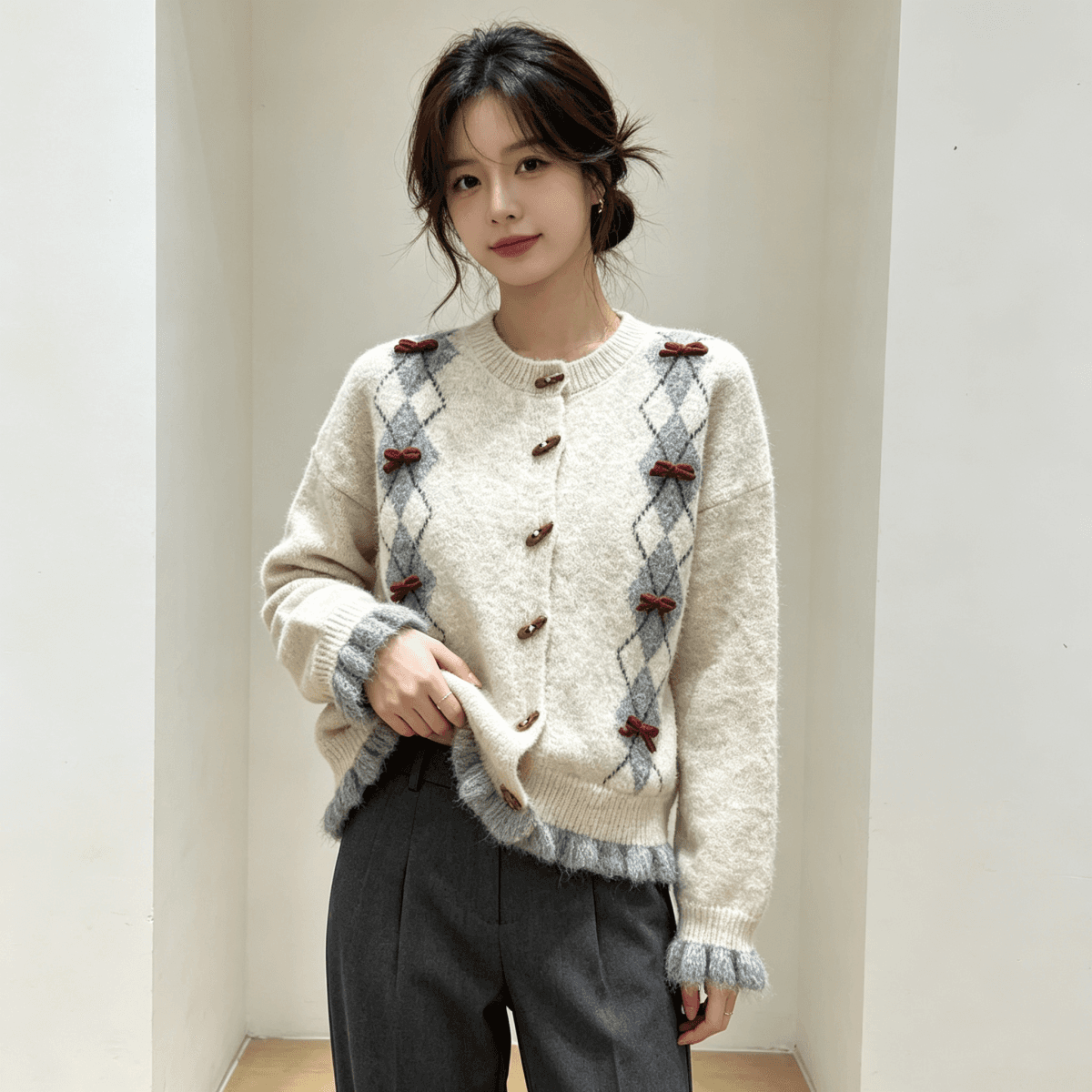 링 그리드 나비 매듭 니트 스웨터 긴팔 두꺼운 가을 겨울철 느긋한 센스 카디건 코트 소뿔 버클 업 의류 상세 이미지 5