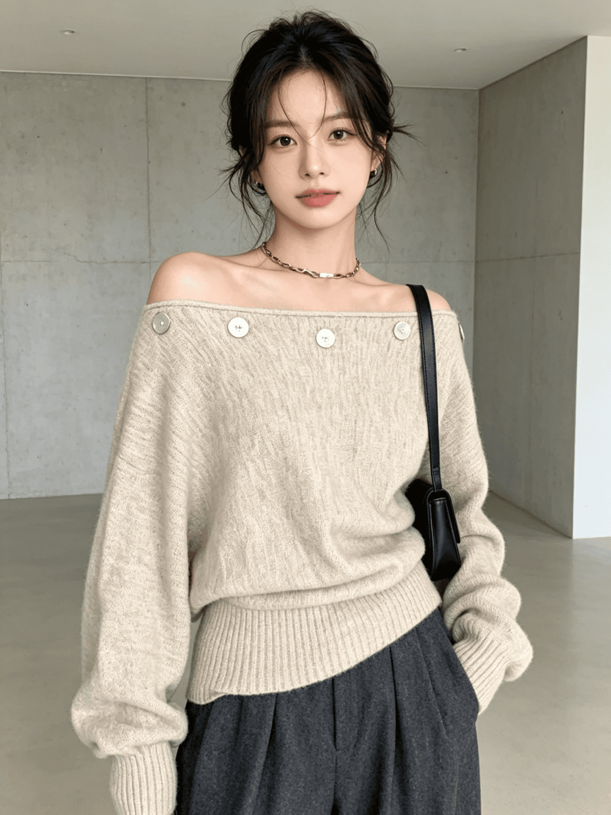 고유 한 아름다운 이른 가을 보트넥 기본 셔츠 여성 인사이드 가져 가라. 느슨함 센스 느긋한 오프숄더 스웨터 긴팔 니트 맨위 이미지 3