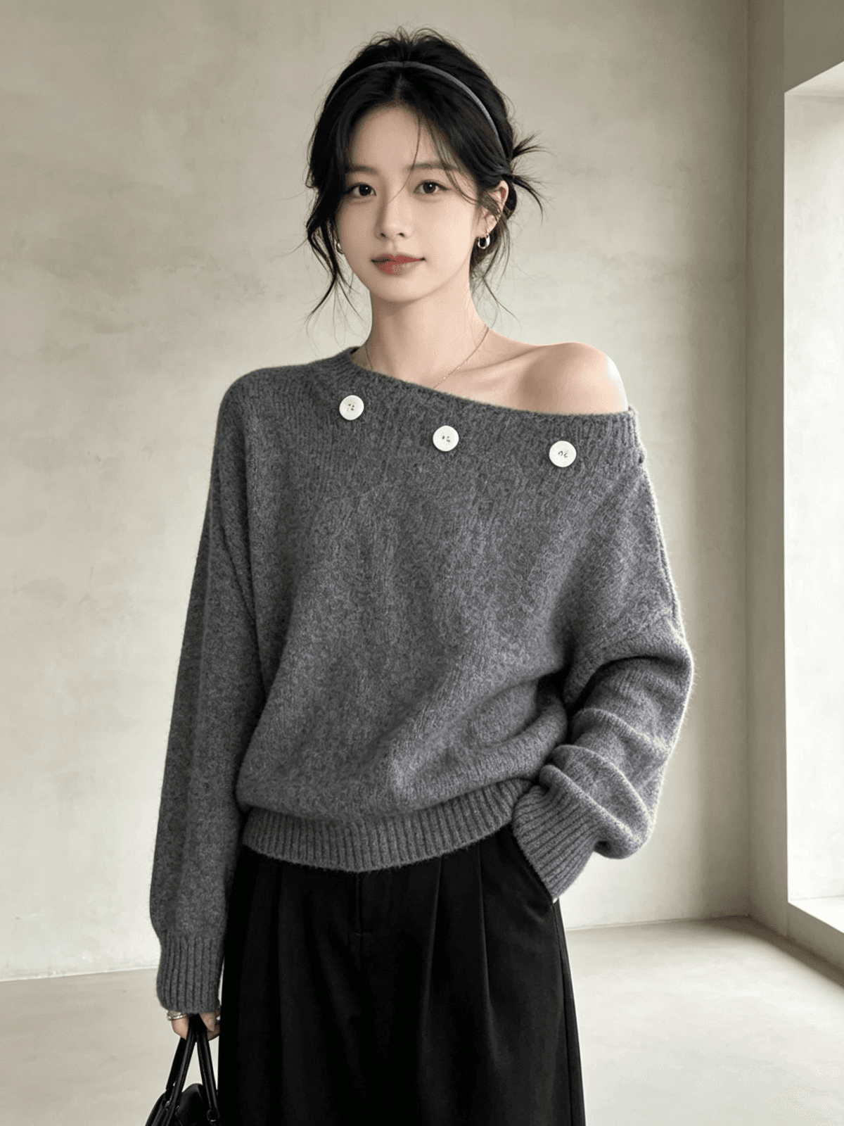 고유 한 아름다운 이른 가을 보트넥 기본 셔츠 여성 인사이드 가져 가라. 느슨함 센스 느긋한 오프숄더 스웨터 긴팔 니트 맨위 상세 이미지 1