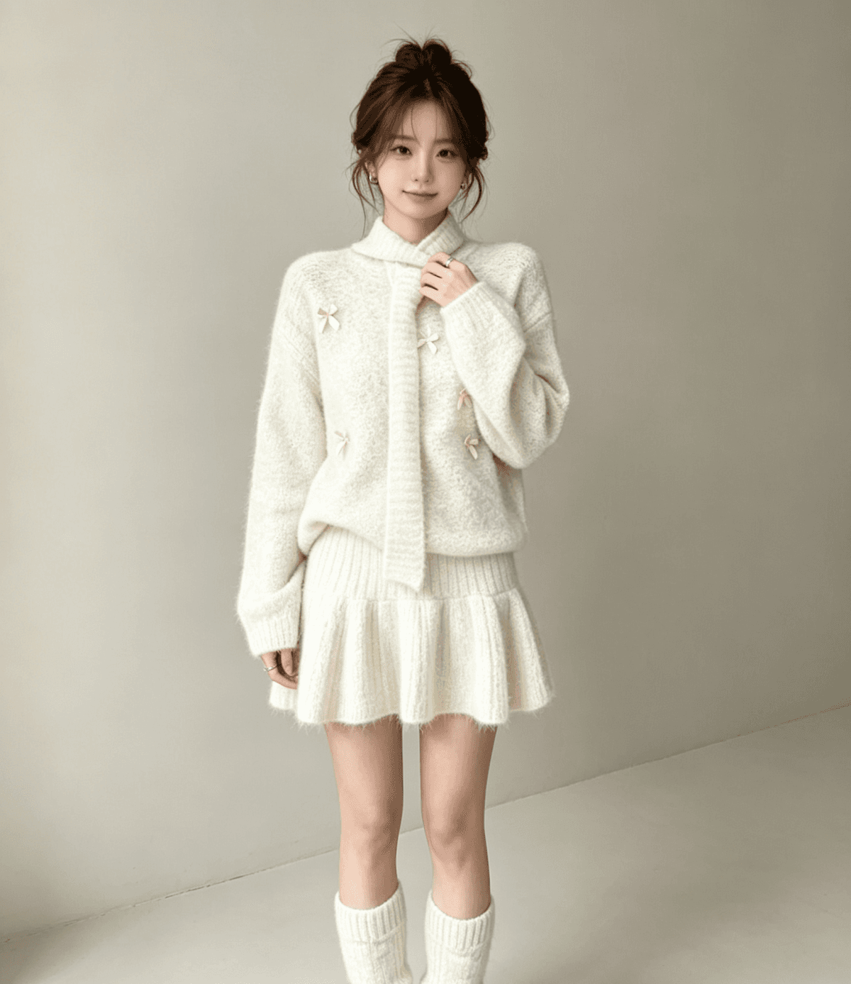 한 부서 전체 집합 착용 가져 가라. 스웨터 세트 무거운 작업 나비 매듭 연령 감소 니트 미니 스커트 보내기 스카프 양말 사피스 세트 이미지 3
