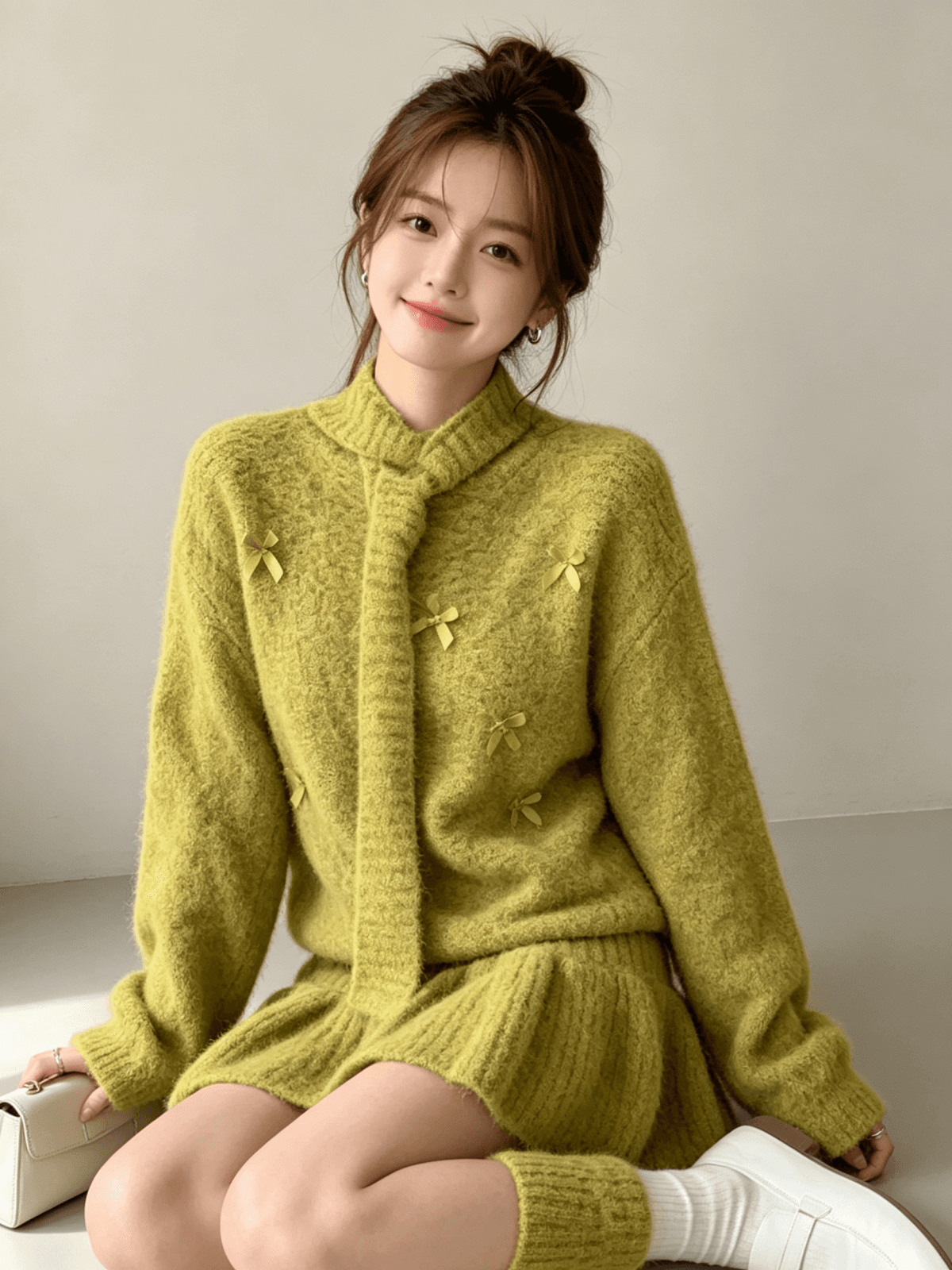 한 부서 전체 집합 착용 가져 가라. 스웨터 세트 무거운 작업 나비 매듭 연령 감소 니트 미니 스커트 보내기 스카프 양말 사피스 세트 이미지 2