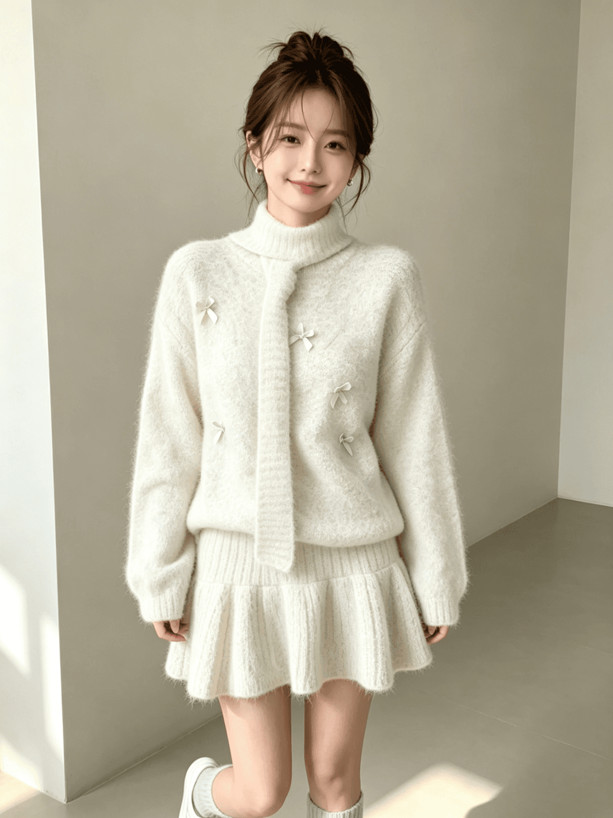 한 부서 전체 집합 착용 가져 가라. 스웨터 세트 무거운 작업 나비 매듭 연령 감소 니트 미니 스커트 보내기 스카프 양말 사피스 세트 상세 이미지 2