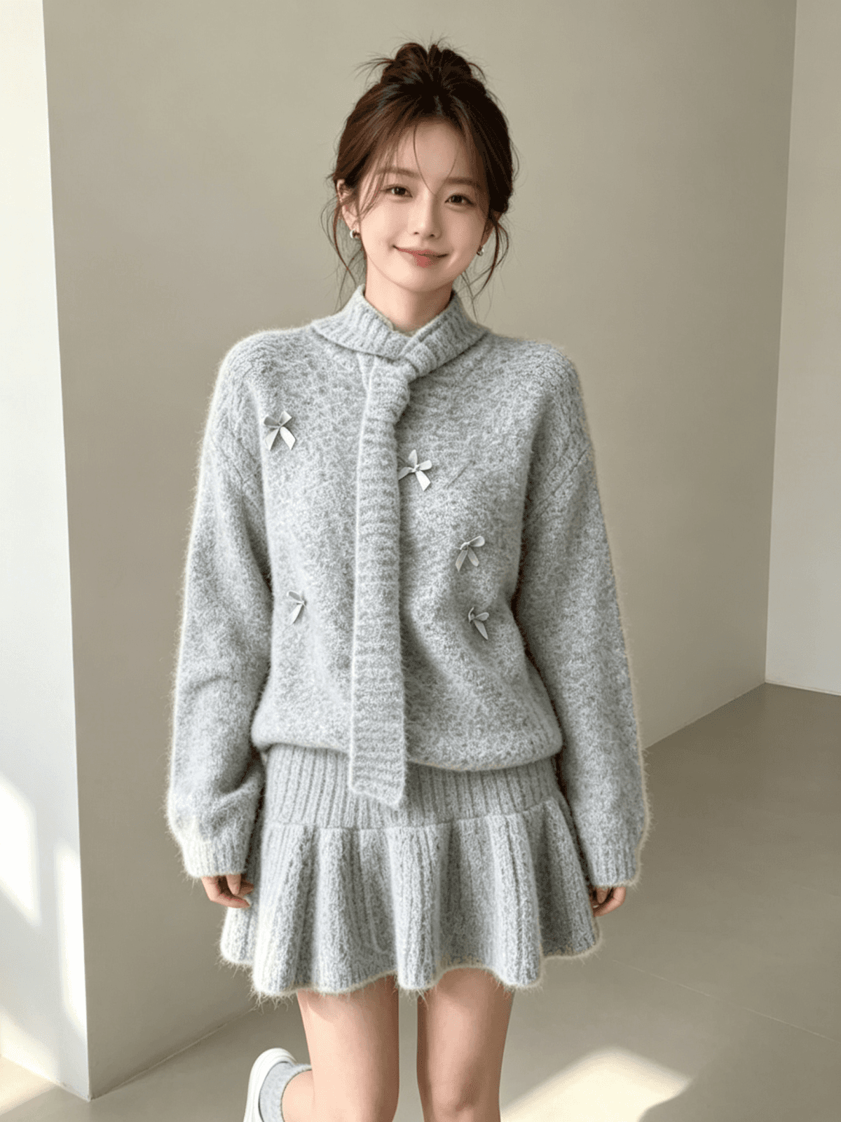 한 부서 전체 집합 착용 가져 가라. 스웨터 세트 무거운 작업 나비 매듭 연령 감소 니트 미니 스커트 보내기 스카프 양말 사피스 세트 상세 이미지 4
