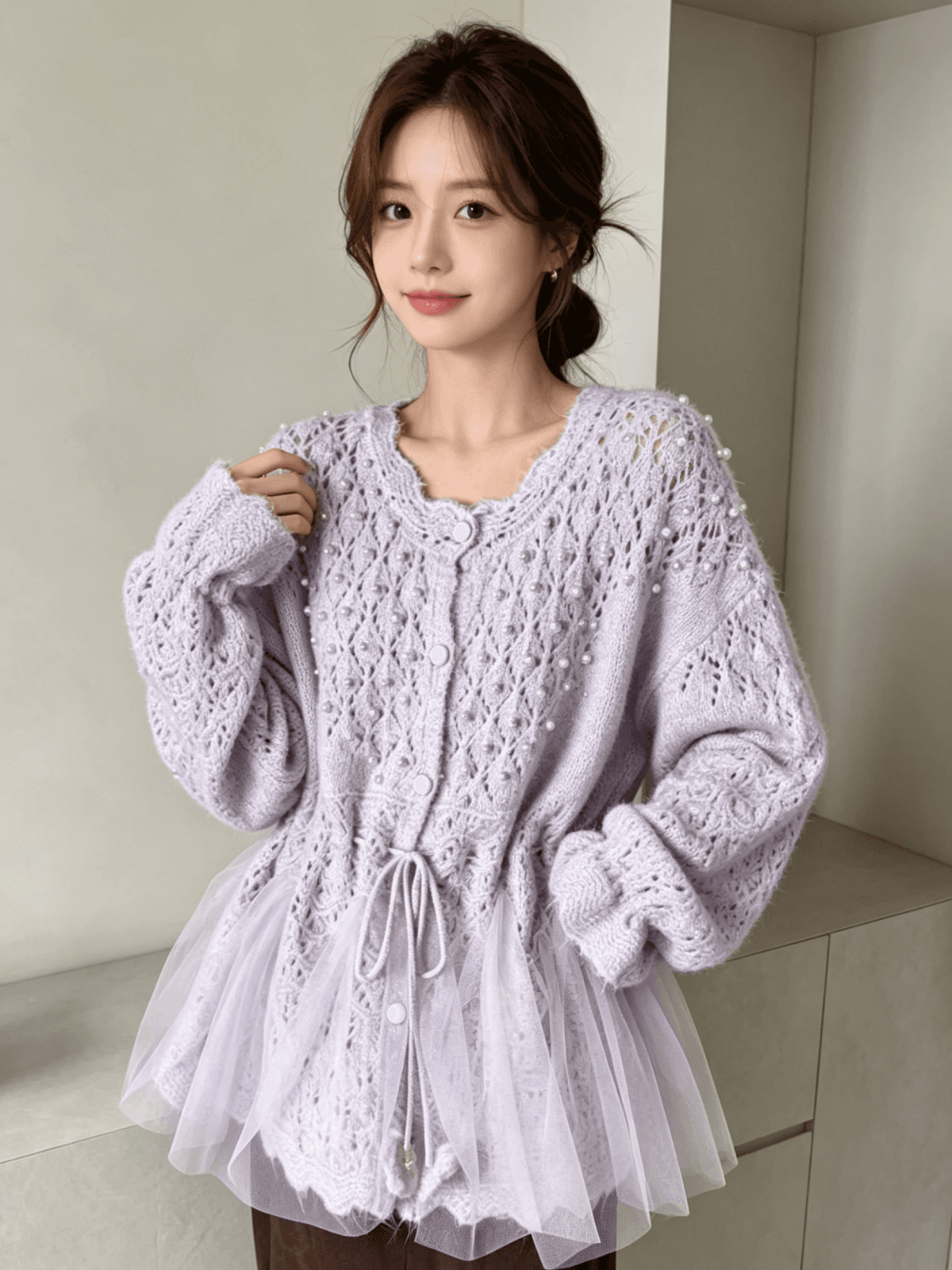 새로운 비즈 박기 홀로우 아웃 니트 오픈 가디건 가을 겨울 슬림해 보이는 다용도 루즈핏 외국 가스 한국 스타일 여성 패션 이미지 2