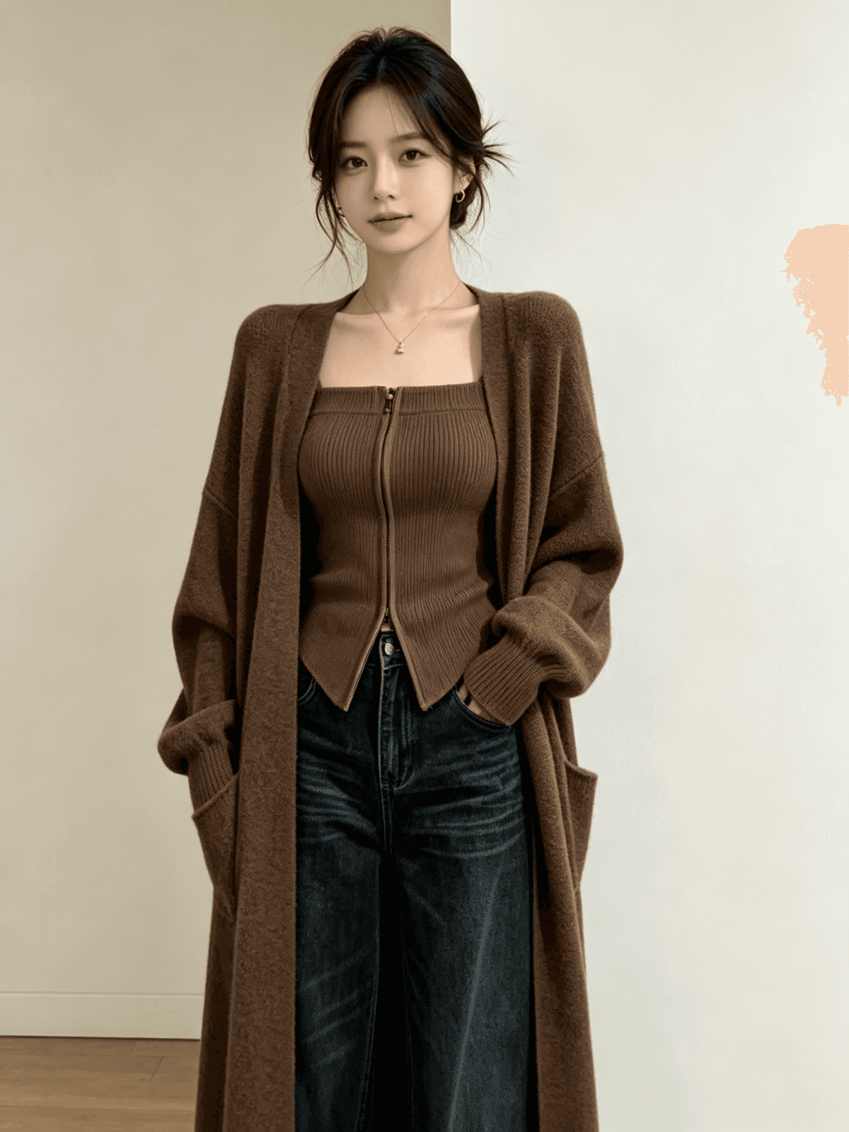 한 부서 느긋한 롱 코트 니트 오픈 가디건 여성 와이드 부드러운 찹쌀 무릎 아래 스웨터 코트 인사이드 가져 가라. 지퍼 튜브탑 투피스 세트 상세 이미지 1