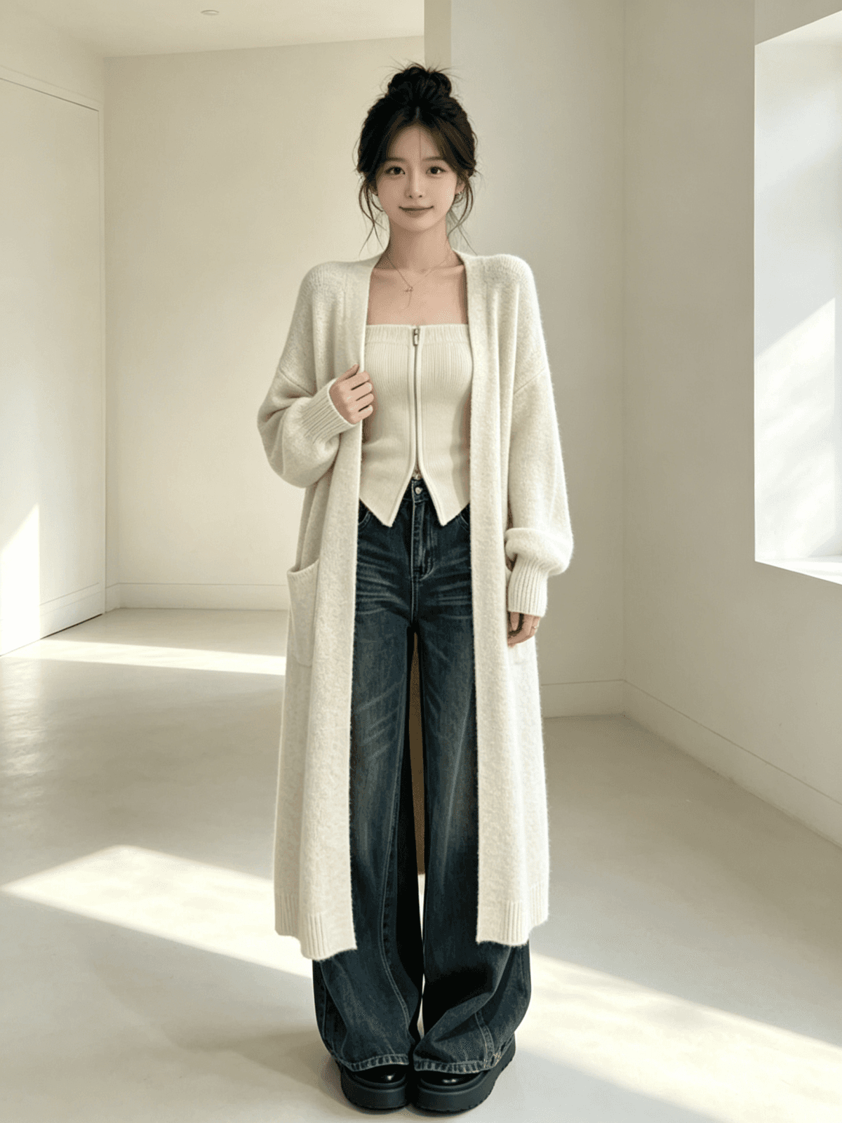 한 부서 느긋한 롱 코트 니트 오픈 가디건 여성 와이드 부드러운 찹쌀 무릎 아래 스웨터 코트 인사이드 가져 가라. 지퍼 튜브탑 투피스 세트 상세 이미지 6