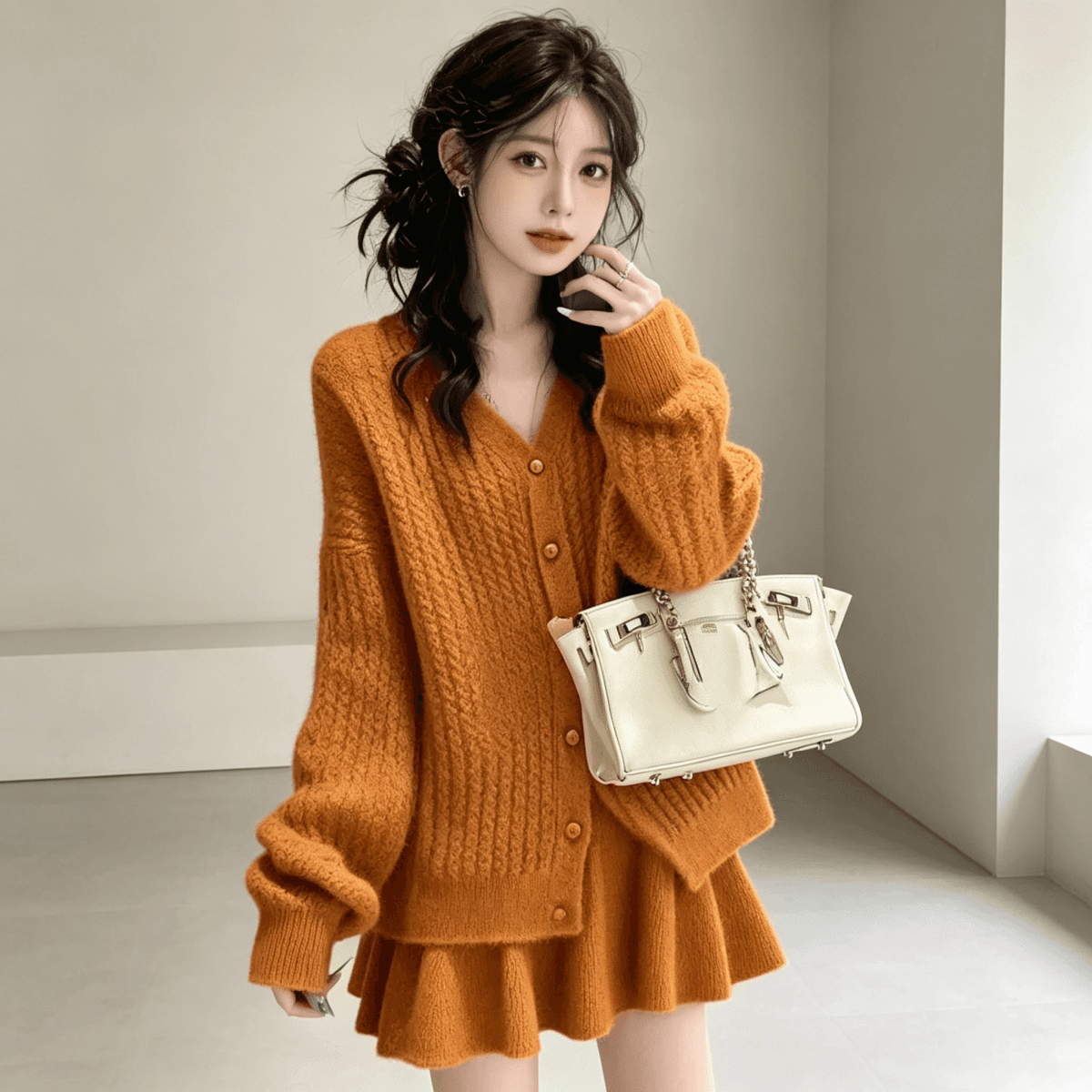 가을 겨울철 분위기 센스 느긋한 바람 착용 가져 가라. 세트 여성 외국 가스 배색 슬림해 보이는 니트 오픈 가디건 미니 스커트 투피스 세트 상세 이미지 5