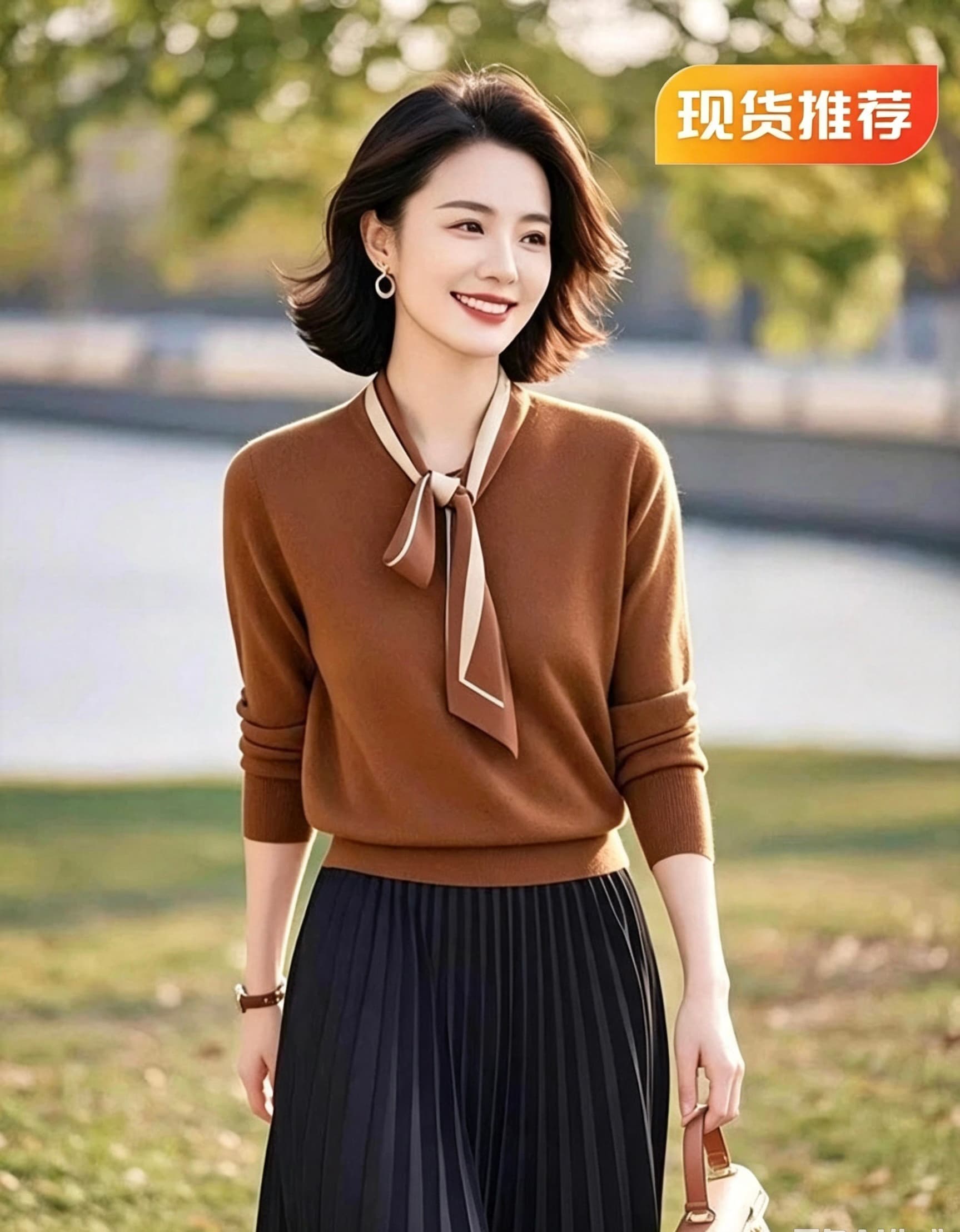 커피 색상 레이스업 나비 매듭 몸매 가꾸기 니트 스웨터 여성 여름 2025 새로운 유럽 상품 고급 센스 인사이드 가져 가라. 긴팔 맨위