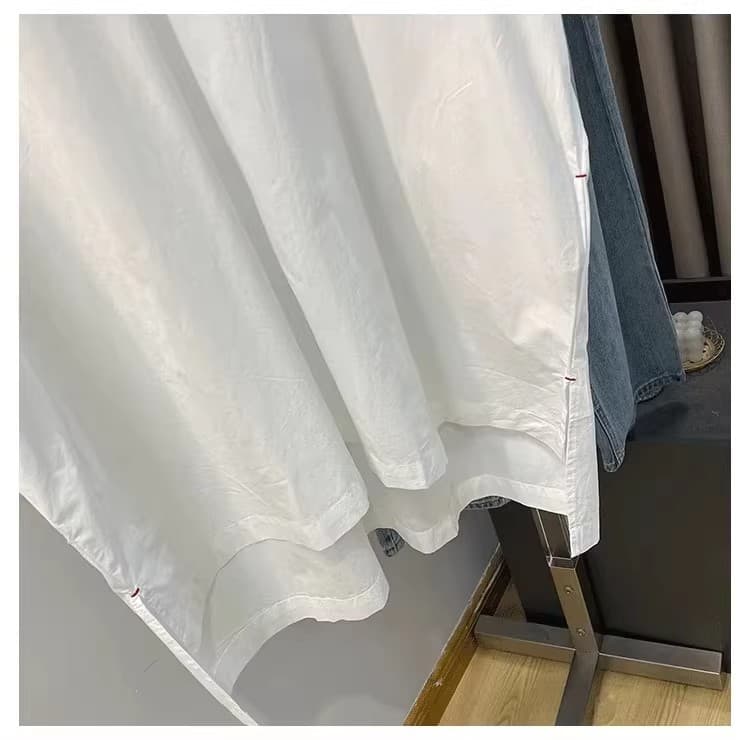 봄 여름 새로운 넓고 넓은 미니멀리즘 일본식 여성 의류 빅 브이 넥 루즈핏 순면 청소 화이트 대 셔츠 상세 이미지 7