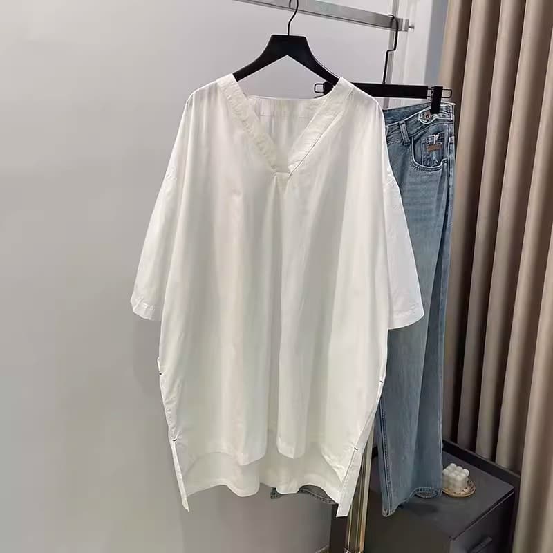 봄 여름 새로운 넓고 넓은 미니멀리즘 일본식 여성 의류 빅 브이 넥 루즈핏 순면 청소 화이트 대 셔츠 상세 이미지 9