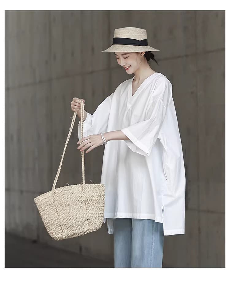 불규칙 디자인 센스 맨위 표지 배 연령 감소 아름다운 외국 가스 여성 여름 새로운 화이트 V 넥 셔츠 상세 이미지 1