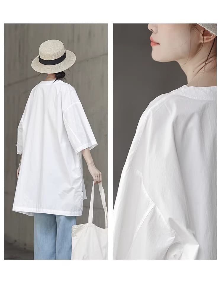 불규칙 디자인 센스 맨위 표지 배 연령 감소 아름다운 외국 가스 여성 여름 새로운 화이트 V 넥 셔츠 상세 이미지 10