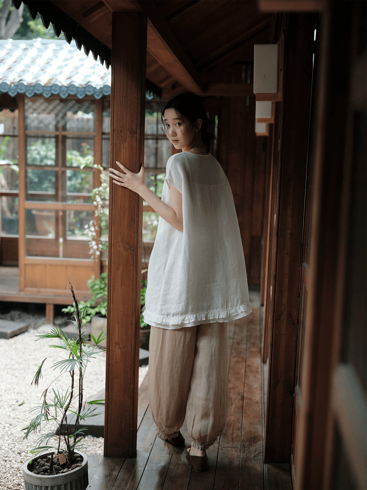 재고 있음 면 린넨 편안함 통기성 맨위 라운드 넥 작은 날다 소매 느슨함 센스 일본식 바람 여성 여름 새로운 이미지 2