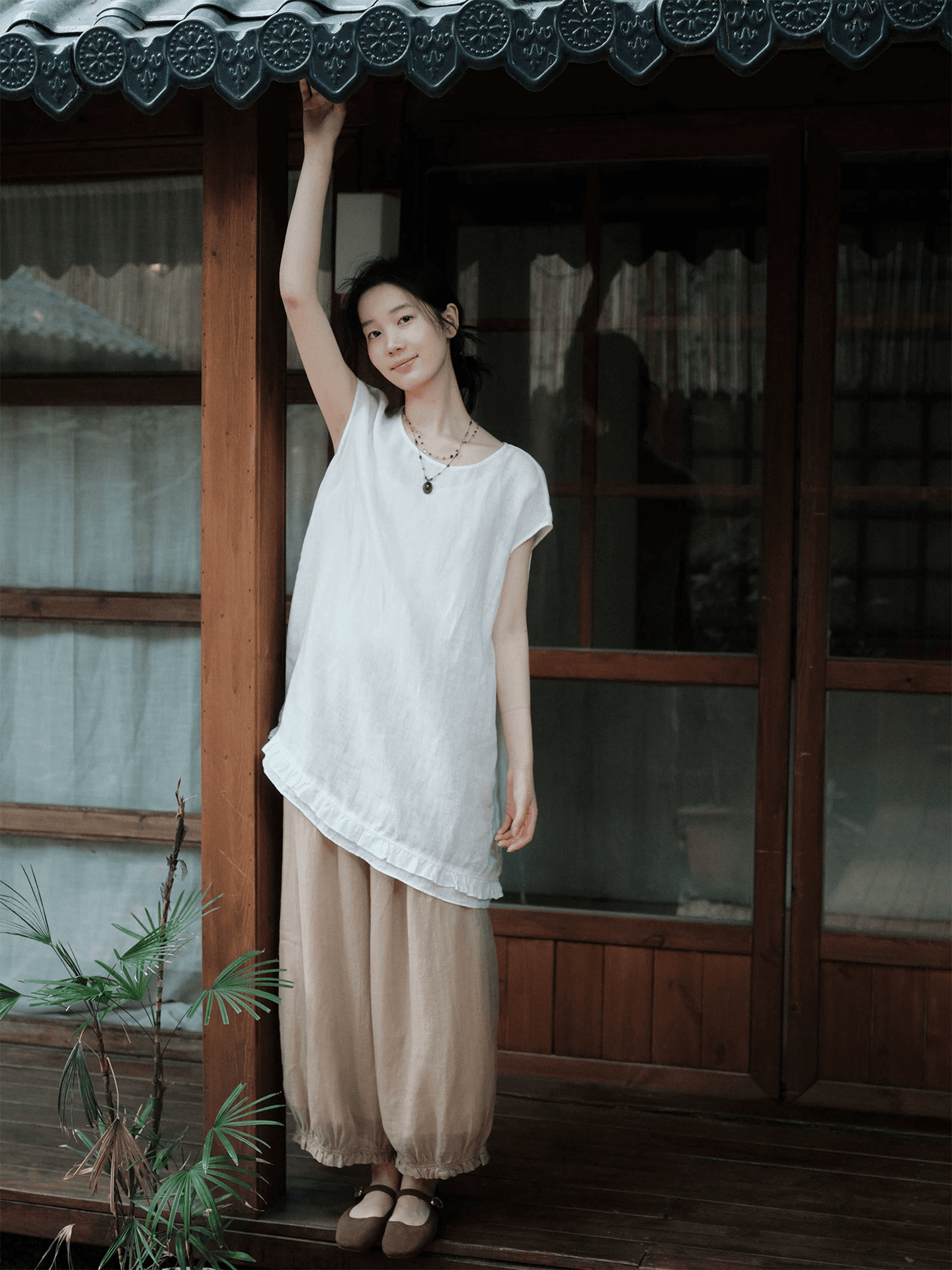재고 있음 면 린넨 편안함 통기성 맨위 라운드 넥 작은 날다 소매 느슨함 센스 일본식 바람 여성 여름 새로운 상세 이미지 4