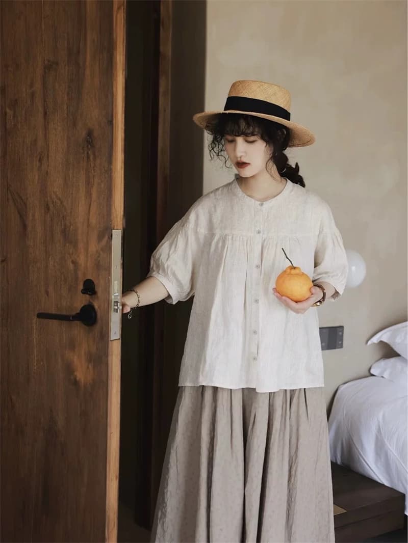 센 첨부 된 의류 여성 레트로 주름 인형 셔츠 일본식 면 린넨 반소매 셔츠 달콤함 귀여운 셔츠 상세 이미지 1