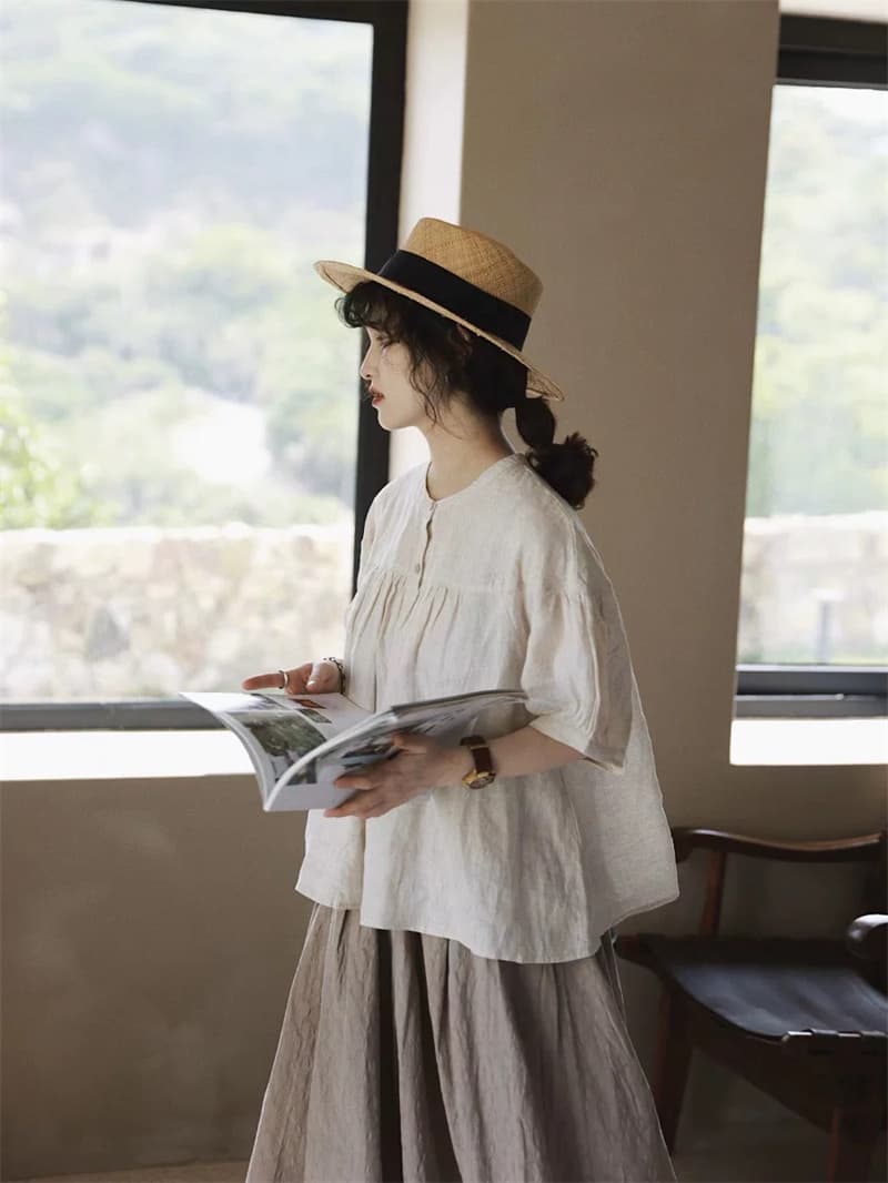 센 첨부 된 의류 여성 레트로 주름 인형 셔츠 일본식 면 린넨 반소매 셔츠 달콤함 귀여운 셔츠 상세 이미지 2