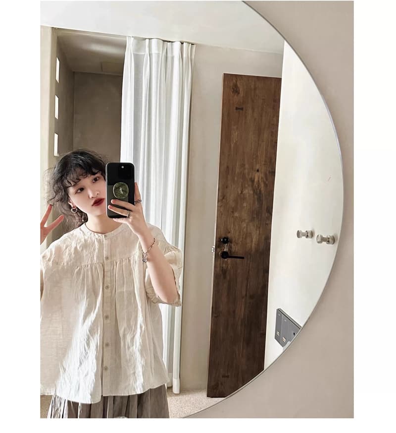 센 첨부 된 의류 여성 레트로 주름 인형 셔츠 일본식 면 린넨 반소매 셔츠 달콤함 귀여운 셔츠 상세 이미지 4