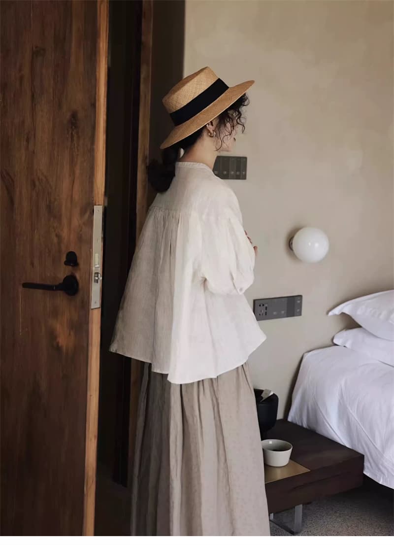 센 첨부 된 의류 여성 레트로 주름 인형 셔츠 일본식 면 린넨 반소매 셔츠 달콤함 귀여운 셔츠 상세 이미지 6