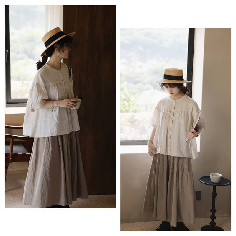 센 첨부 된 의류 여성 레트로 주름 인형 셔츠 일본식 면 린넨 반소매 셔츠 달콤함 귀여운 셔츠 상세 이미지 9