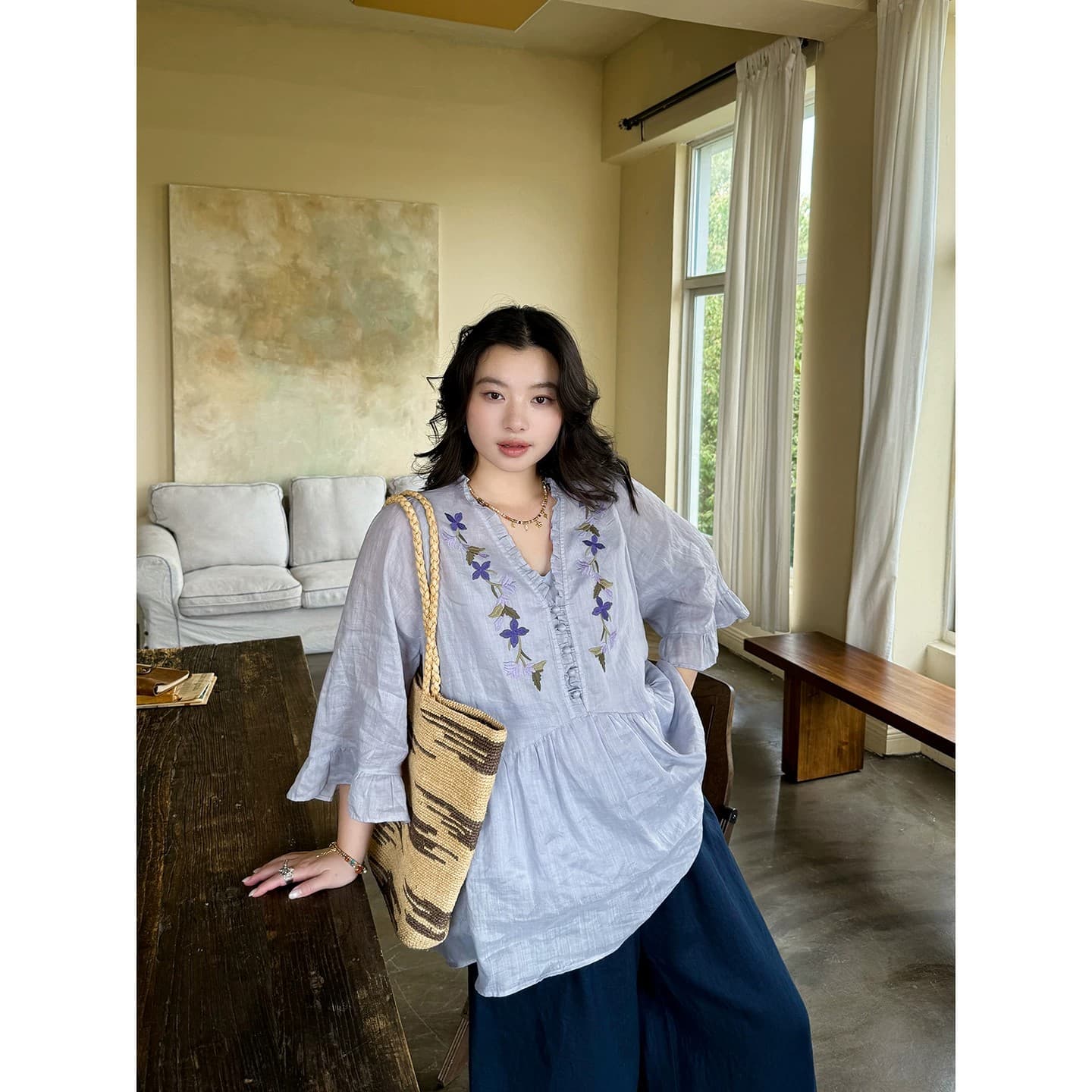 요정 가스 면 린넨 포지셔닝 우아한 꽃무늬 자수 보라색 부드러운 프랑스식 플리츠 셔츠 이미지 3