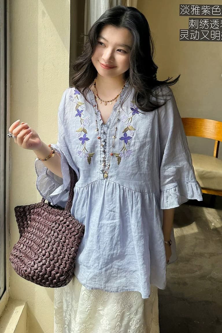 요정 가스 면 린넨 포지셔닝 우아한 꽃무늬 자수 보라색 부드러운 프랑스식 플리츠 셔츠 이미지 6