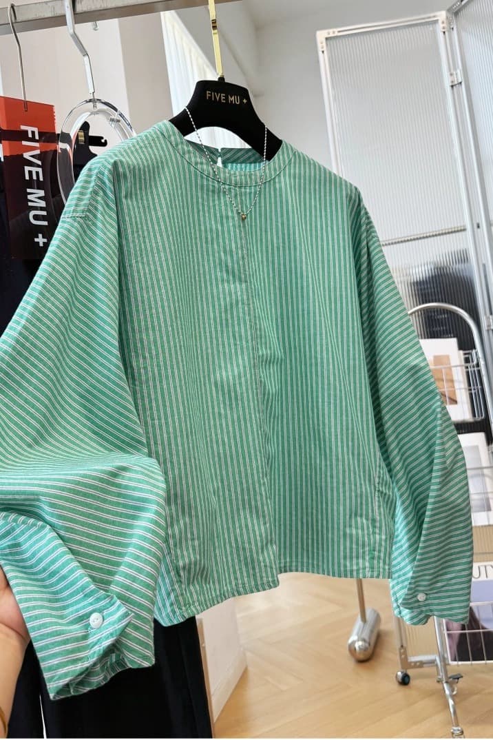 9043 한 부서 배트윙 소매 순면 라운드 넥 스트라이프 긴팔 여성 셔츠 여름 얇은 스타일 태양 보호 셔츠 에어컨 셔츠 맨위 이미지 6