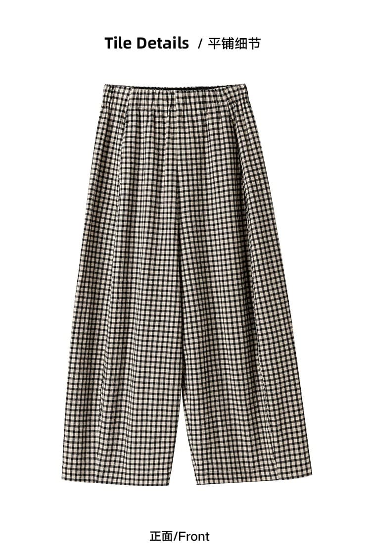 새로운 슈퍼 화재 면 린넨 혼방 컬러 짜임 체크무늬 허리밴드 루즈핏 9 포인트 풍선 바지 상세 이미지 4