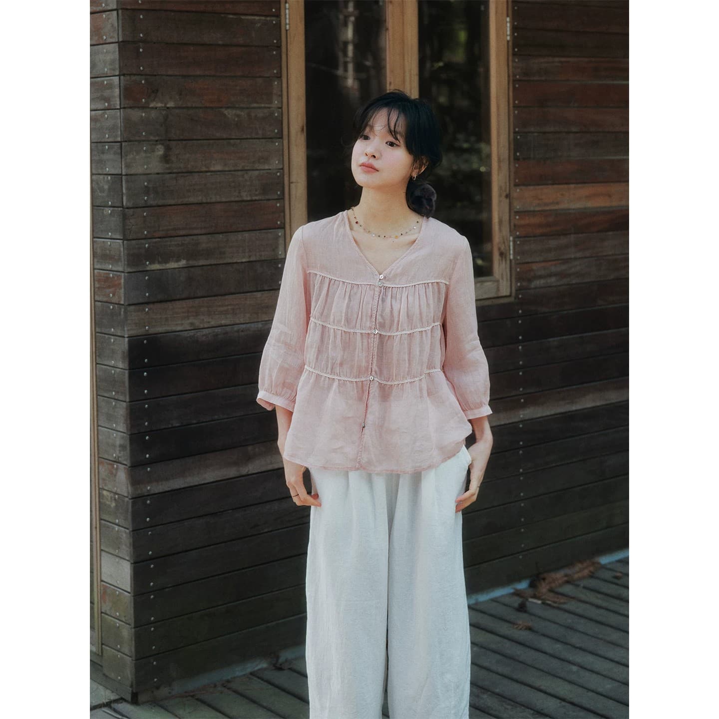 면 린넨 무거운 작업 V넥 7부 소매 셔츠 여름 자외선 차단 다용도 이미지 2