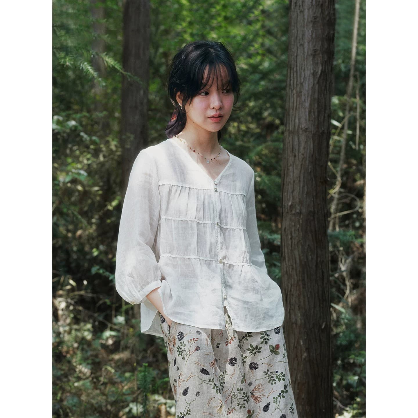 면 린넨 무거운 작업 V넥 7부 소매 셔츠 여름 자외선 차단 다용도 이미지 3
