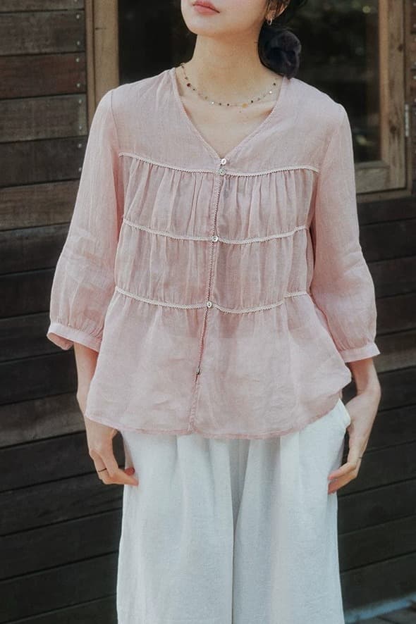 면 린넨 무거운 작업 V넥 7부 소매 셔츠 여름 자외선 차단 다용도 이미지 6
