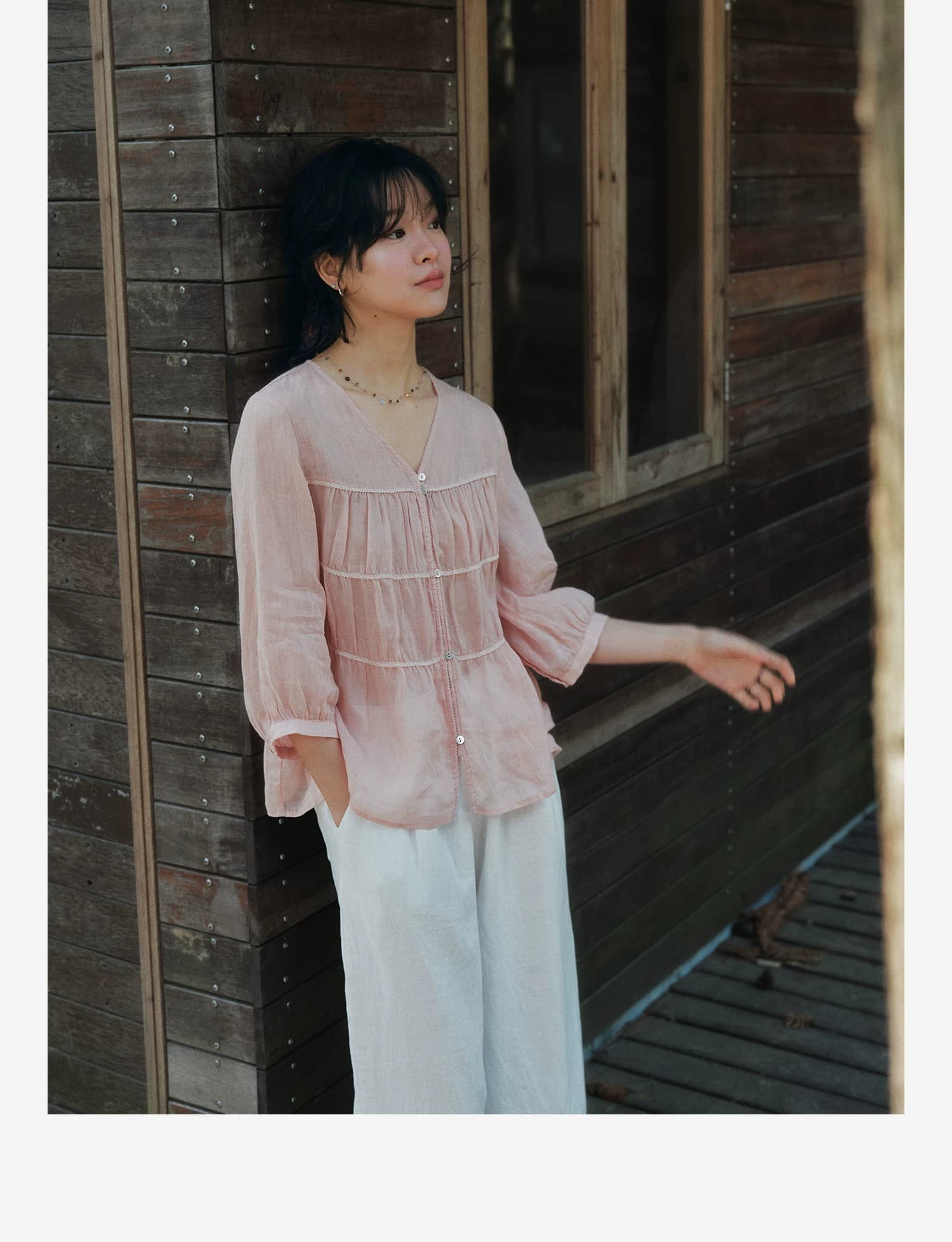 면 린넨 무거운 작업 V넥 7부 소매 셔츠 여름 자외선 차단 다용도 상세 이미지 3