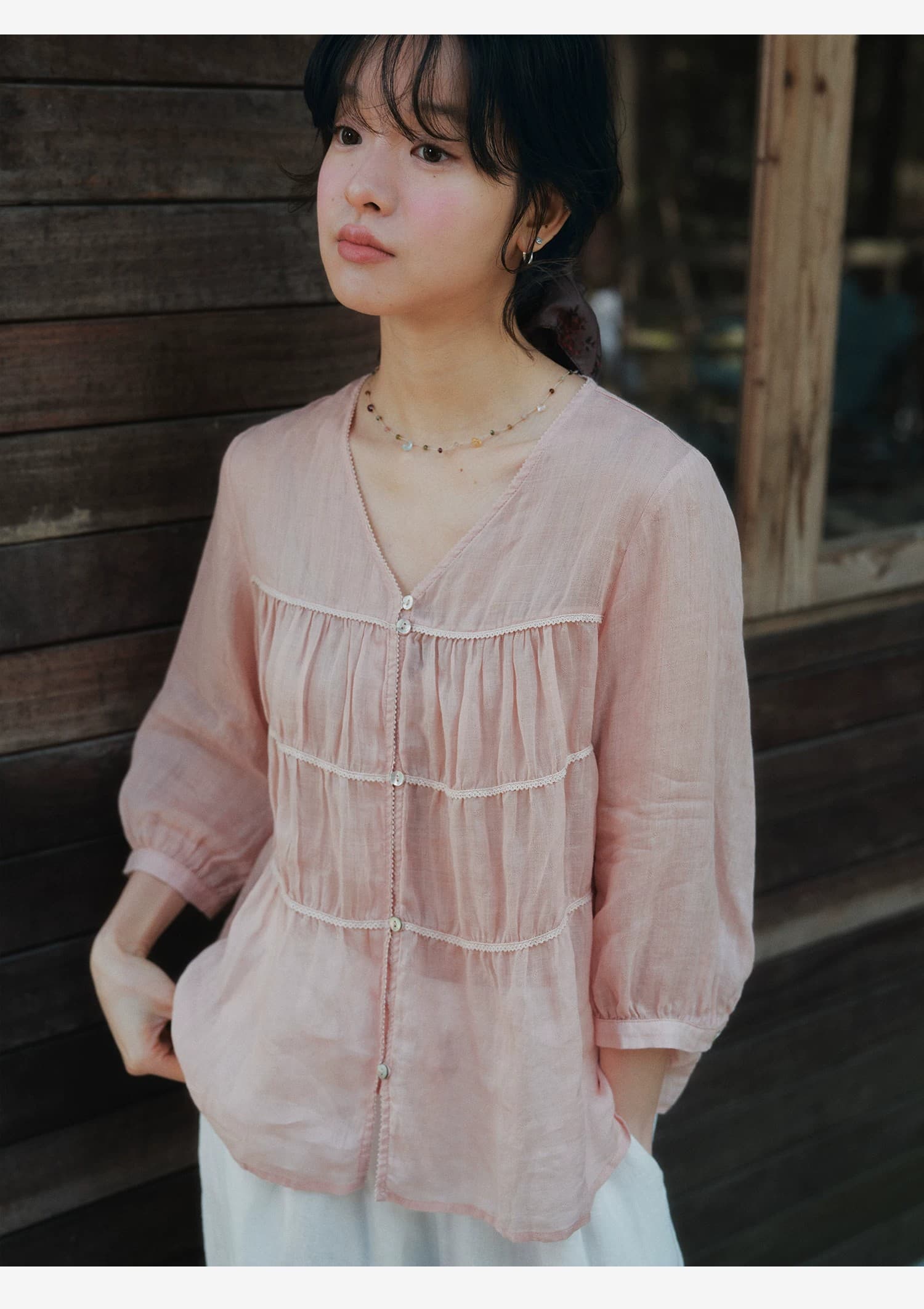 면 린넨 무거운 작업 V넥 7부 소매 셔츠 여름 자외선 차단 다용도 상세 이미지 21