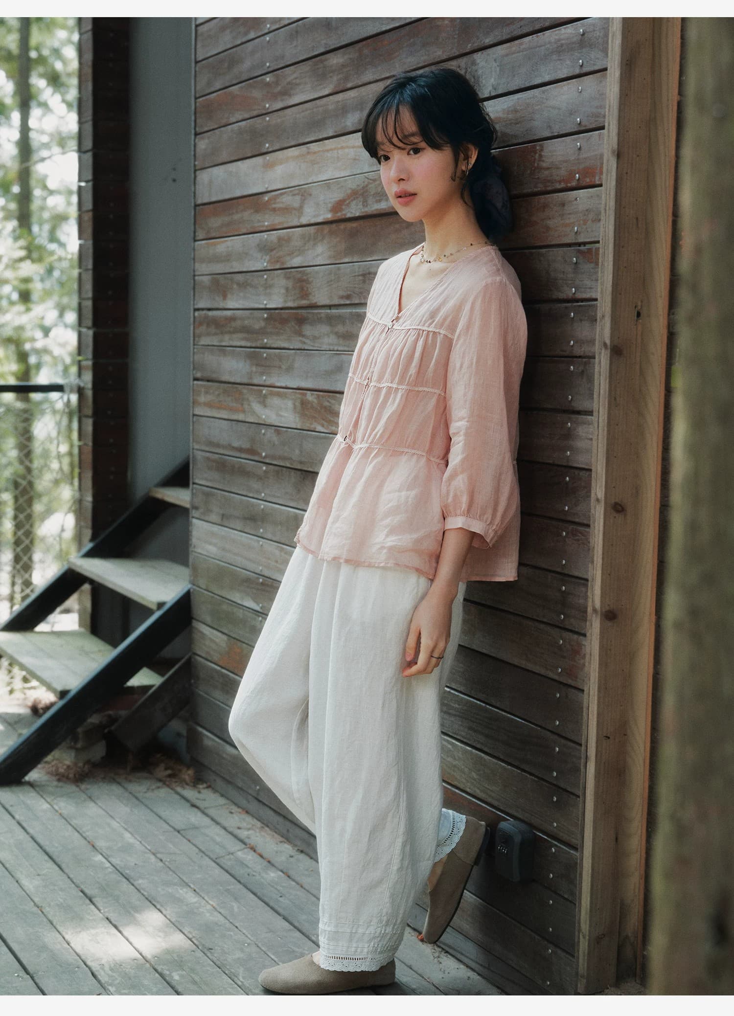 면 린넨 무거운 작업 V넥 7부 소매 셔츠 여름 자외선 차단 다용도 상세 이미지 24
