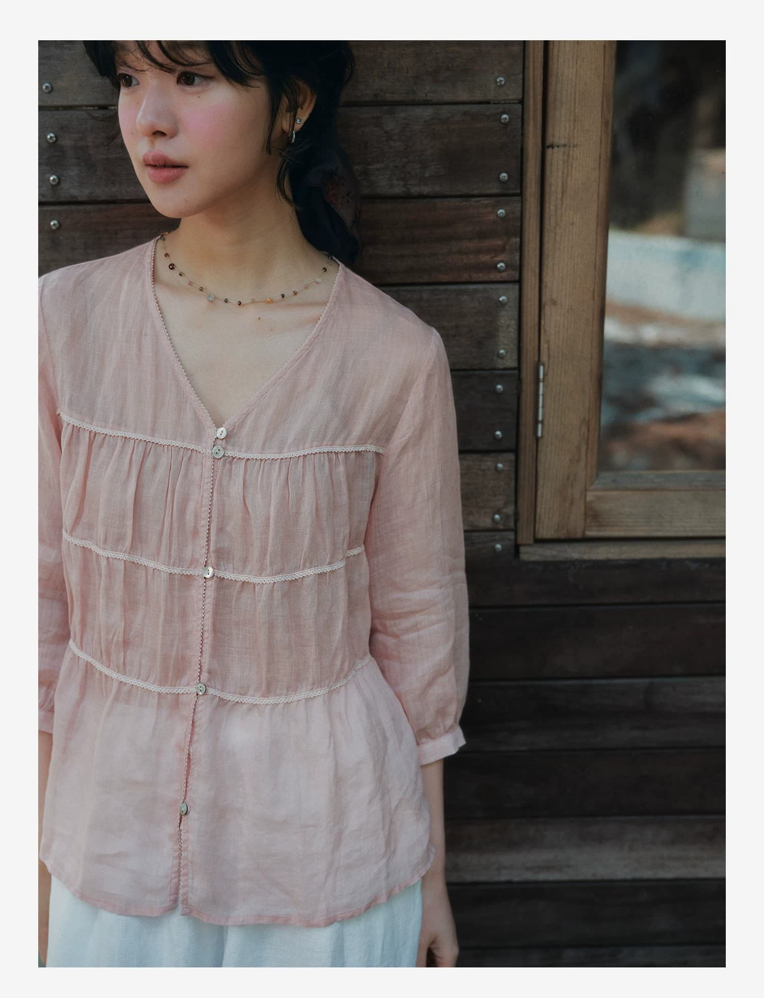 면 린넨 무거운 작업 V넥 7부 소매 셔츠 여름 자외선 차단 다용도 상세 이미지 25